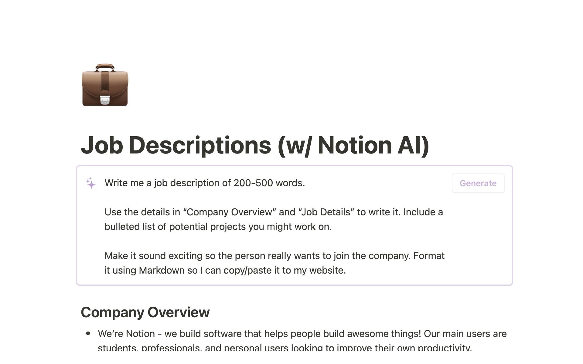 A template preview for AI Job Description Writer