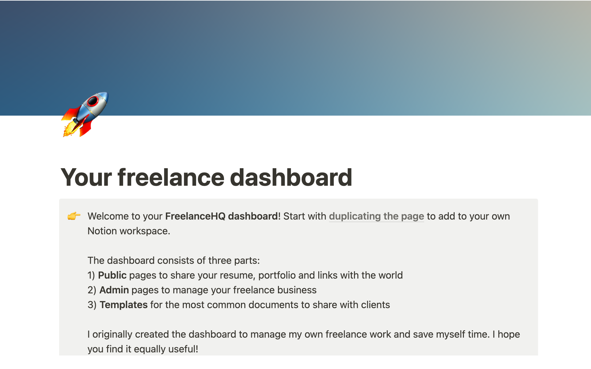 Eine Vorlagenvorschau für FreelanceHQ dashboard