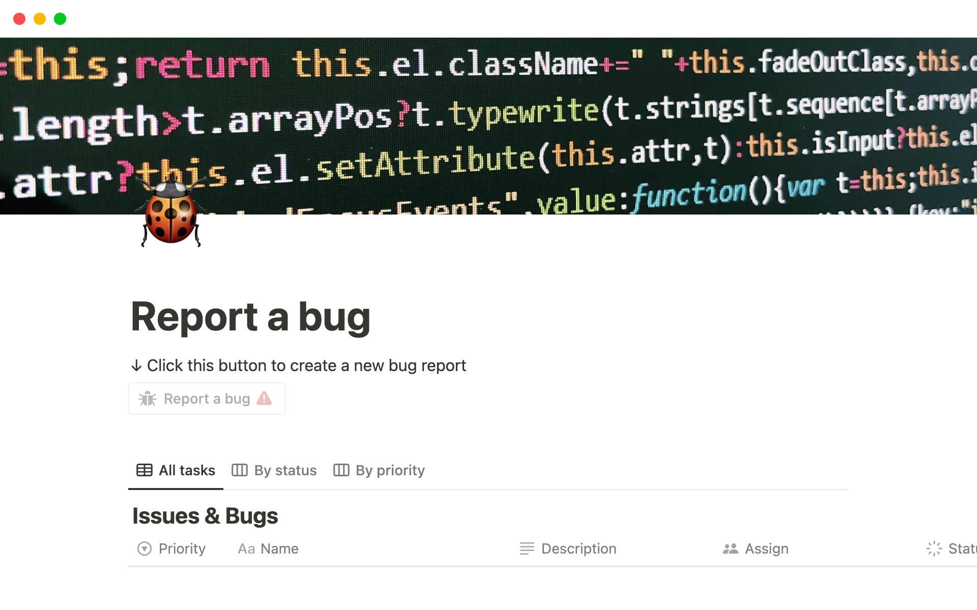 Eine Vorlagenvorschau für Report a Bug