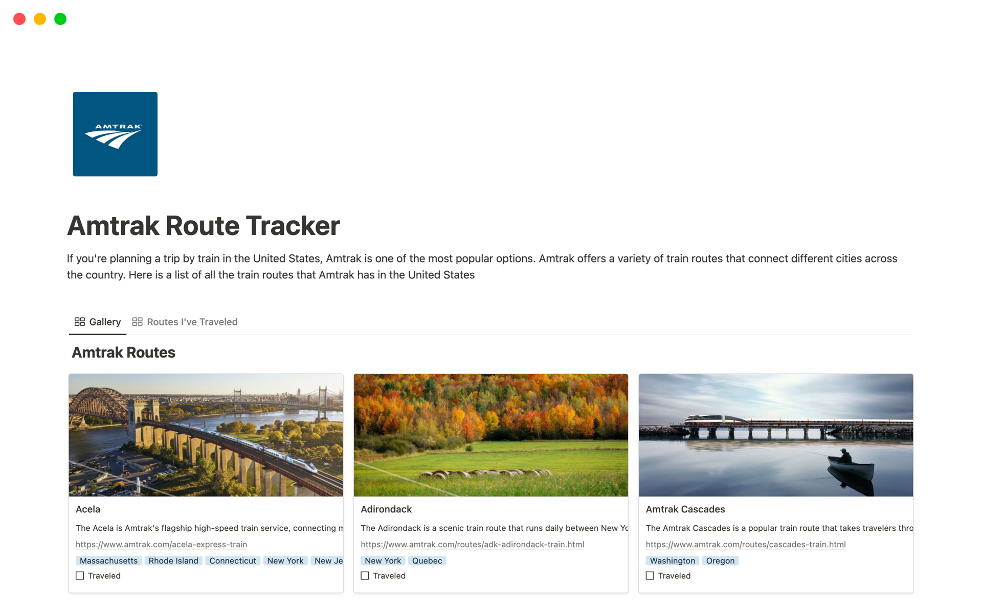 Eine Vorlagenvorschau für Amtrak Route Tracker