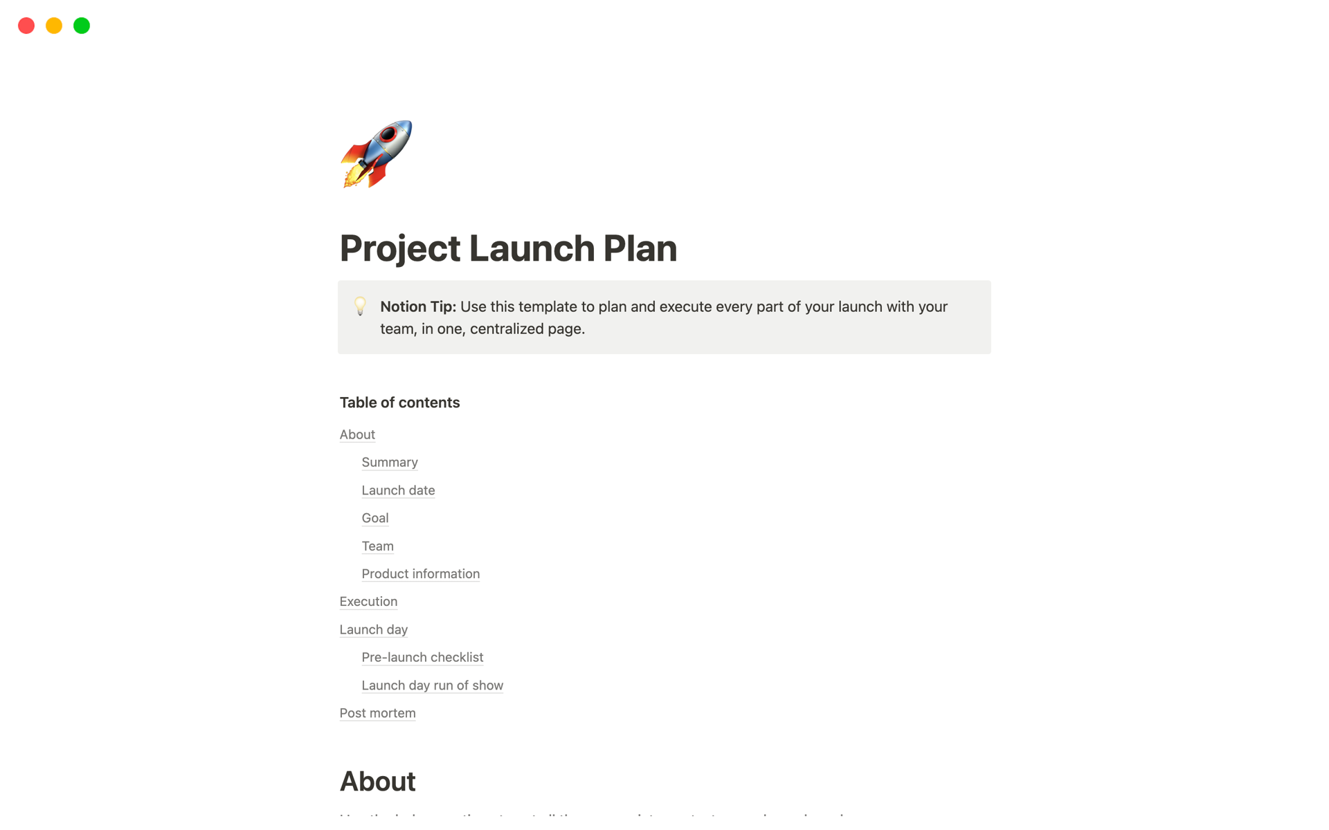 Vista previa de plantilla para Project Launch Plan