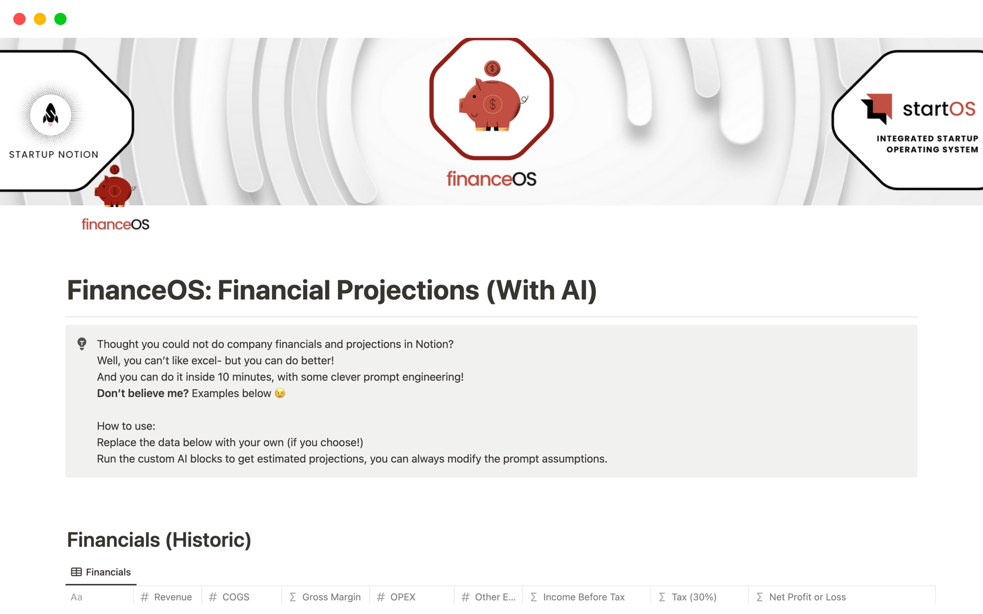 FinanceOS: Financial Projections (With AI)のテンプレートのプレビュー