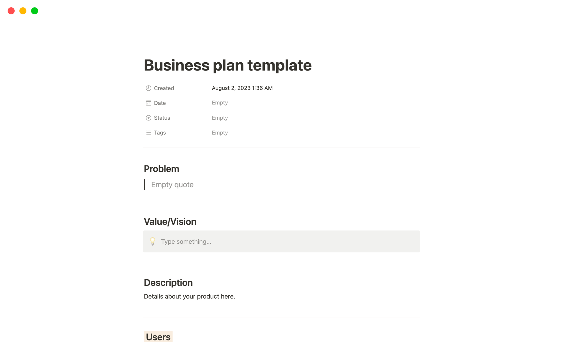 Business plan - Quick startのテンプレートのプレビュー