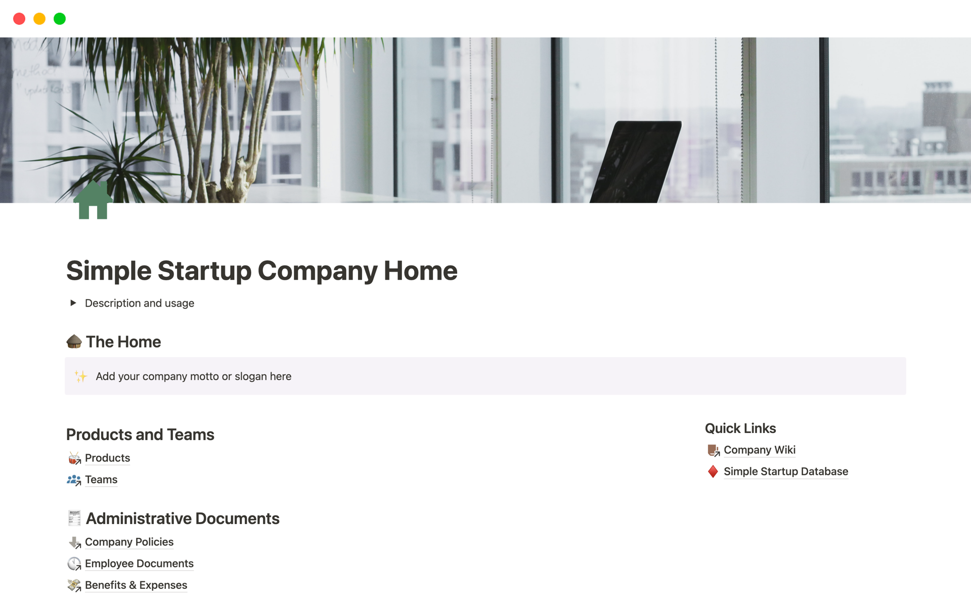 Simple template for startup companies to get up and running on Notion.
