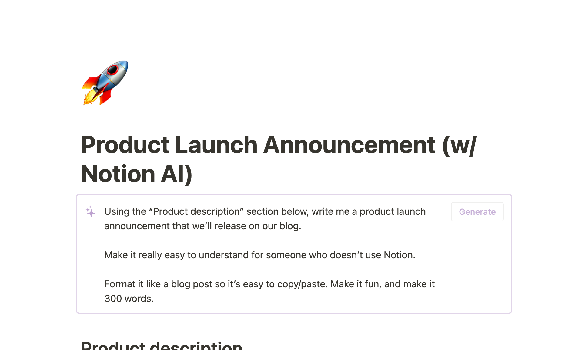 Eine Vorlagenvorschau für Product Launch Announcement (w/ Notion AI)