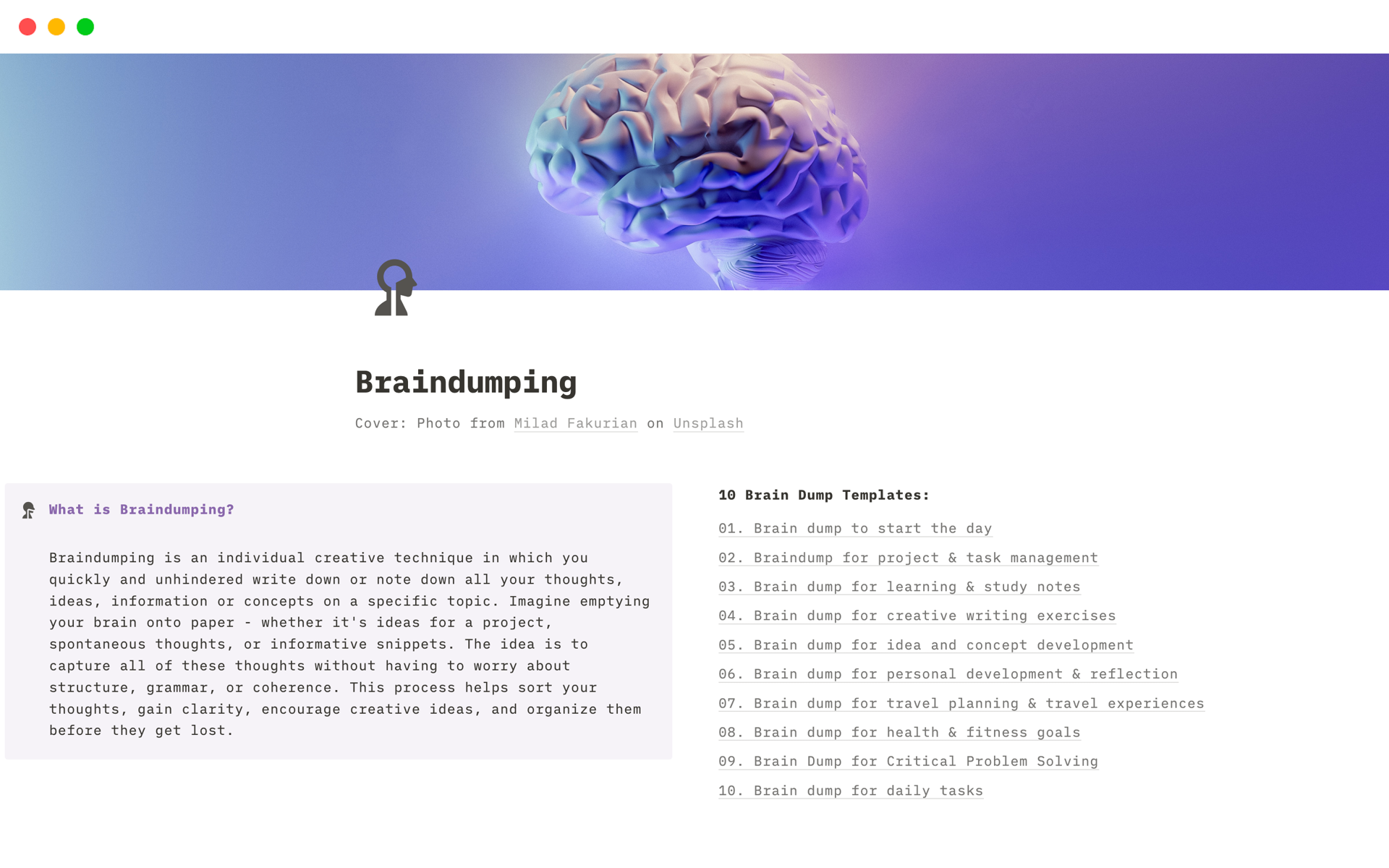 The “Braindumping” Notion Template offers 10 individual brain dump templates specifically tailored to meet your specific needs.