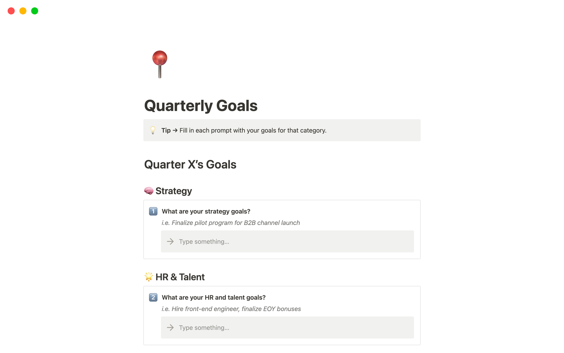 Eine Vorlagenvorschau für Quarterly Goals