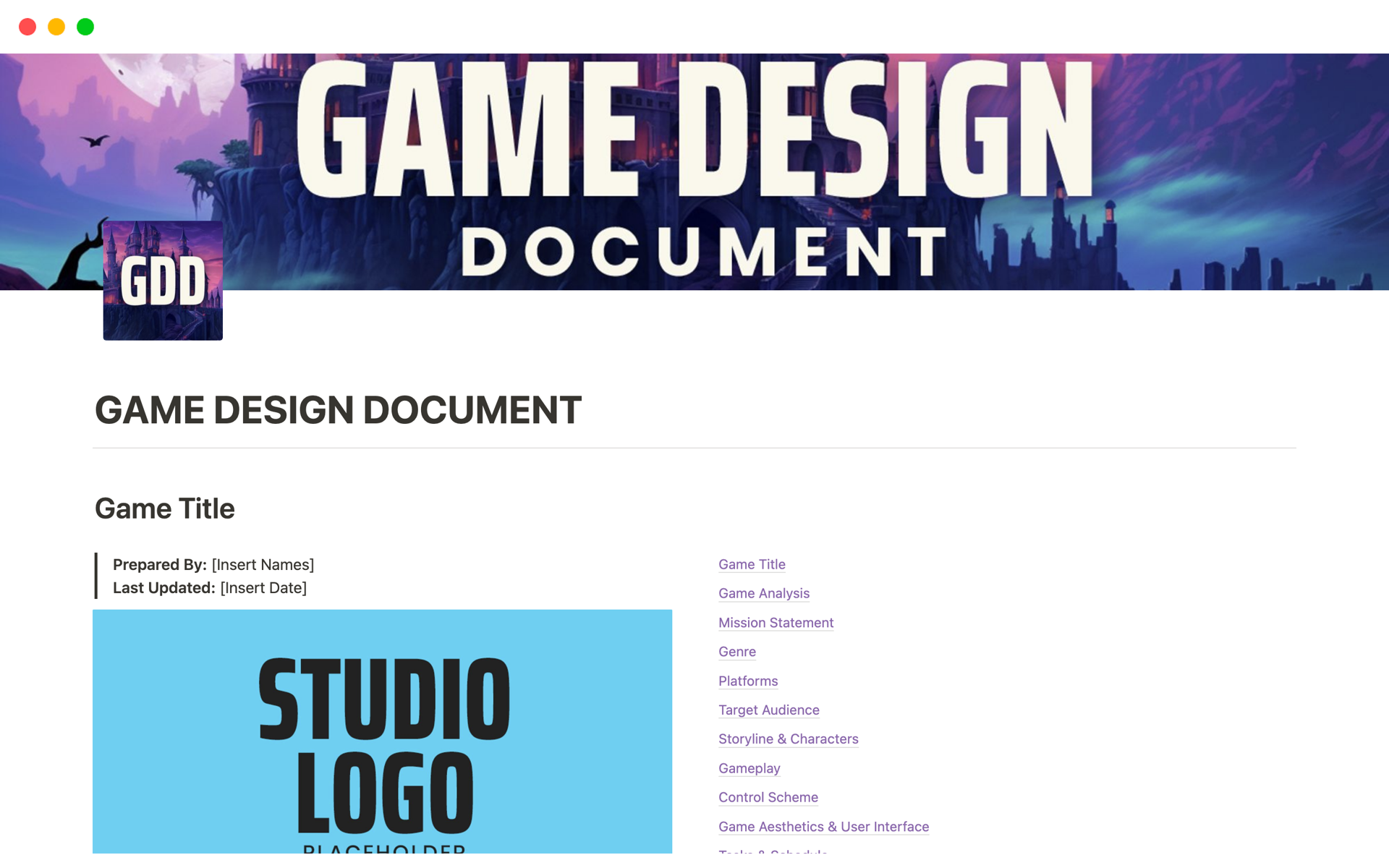 Eine Vorlagenvorschau für Game Design Document (GDD)