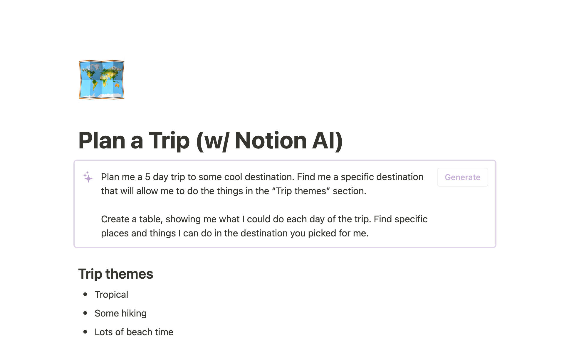 Vista previa de una plantilla para Plan a Trip (w/ Notion AI)