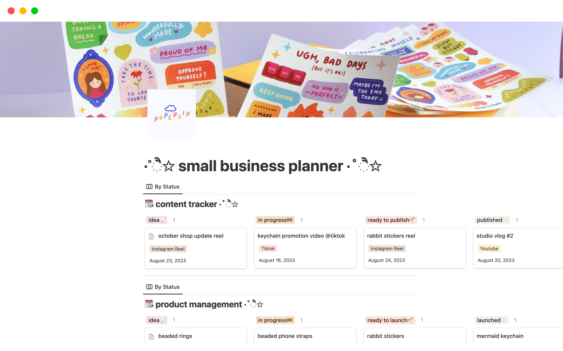 Eine Vorlagenvorschau für small business planner