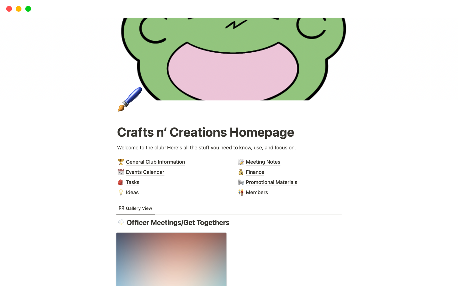 Eine Vorlagenvorschau für Crafts n’ Creations Club Organization