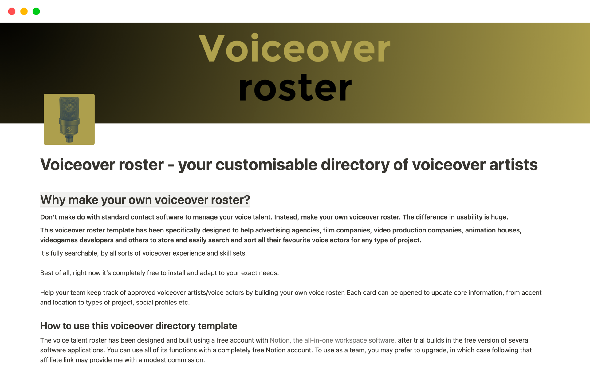 Eine Vorlagenvorschau für Voiceover roster - a voice artist directory