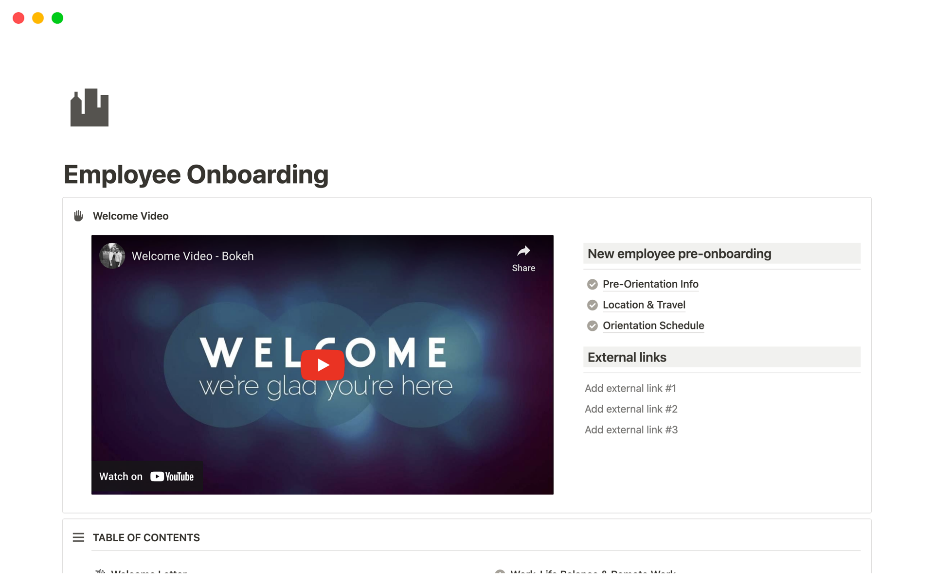 A template preview for Employee Onboarding