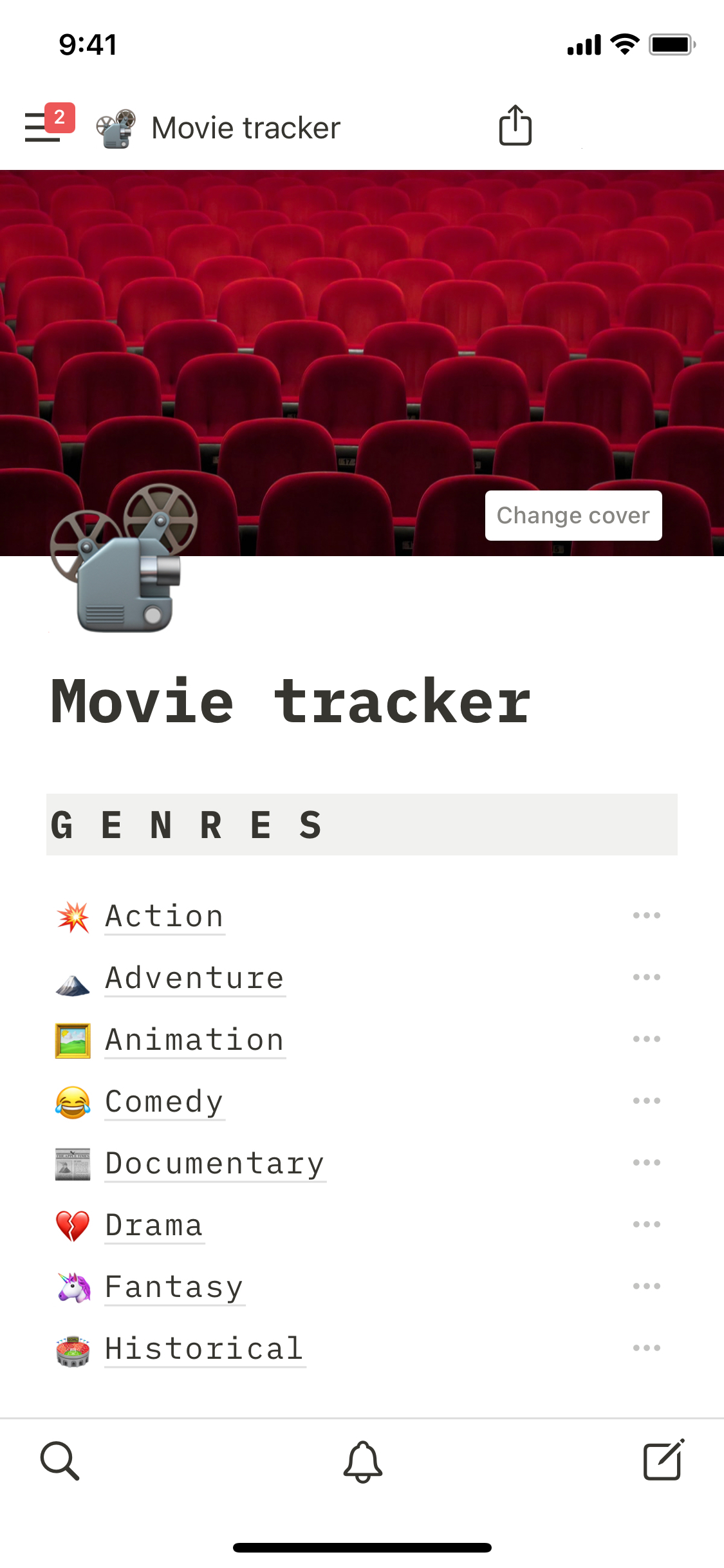 Een schermafbeelding van de mobiele app van Notion