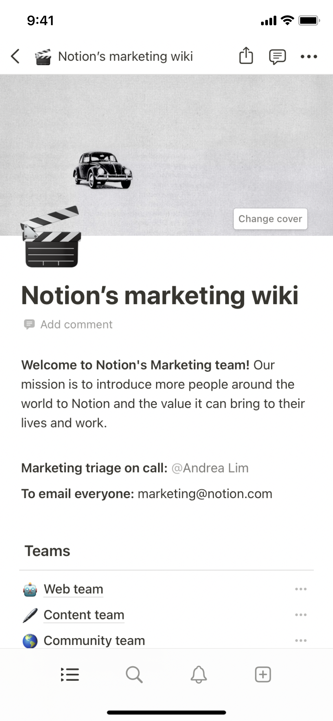 Een schermafbeelding van de mobiele app van Notion