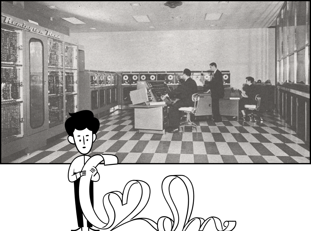 Et foto af mennesker, der arbejder ved en stor computer i midten af det 20. århundrede