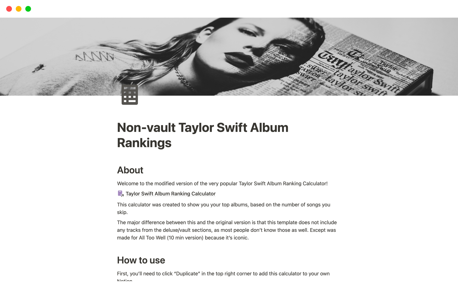 Nonvault Taylor Swift Rankings Notion Template