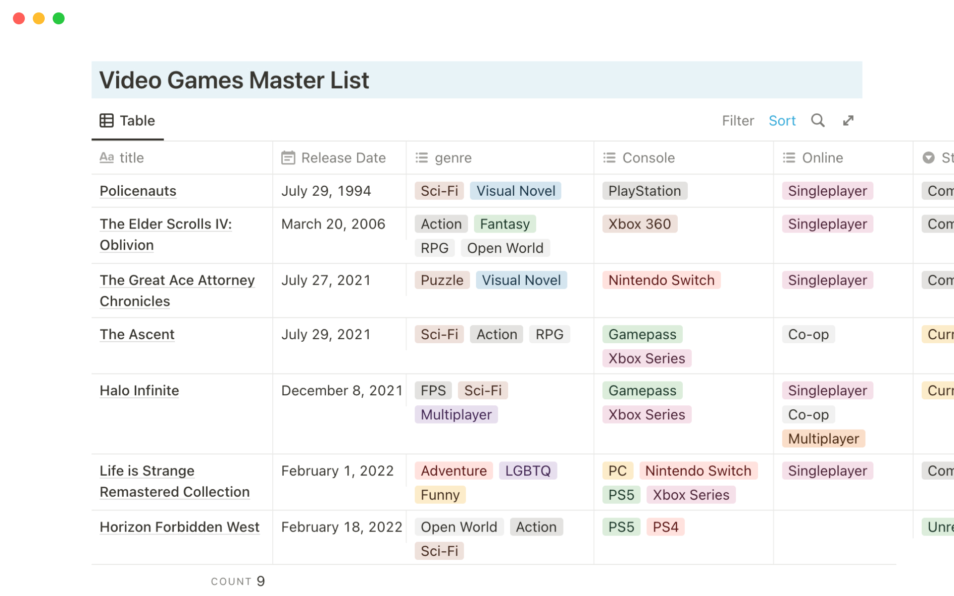 Video game tracker Notion Template