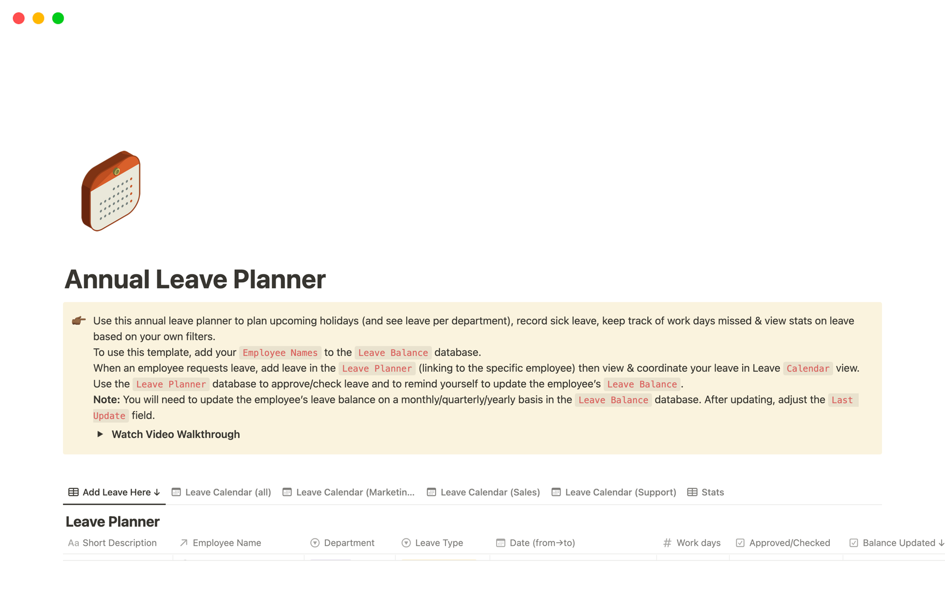 Annual Leave Planner NotionVorlage