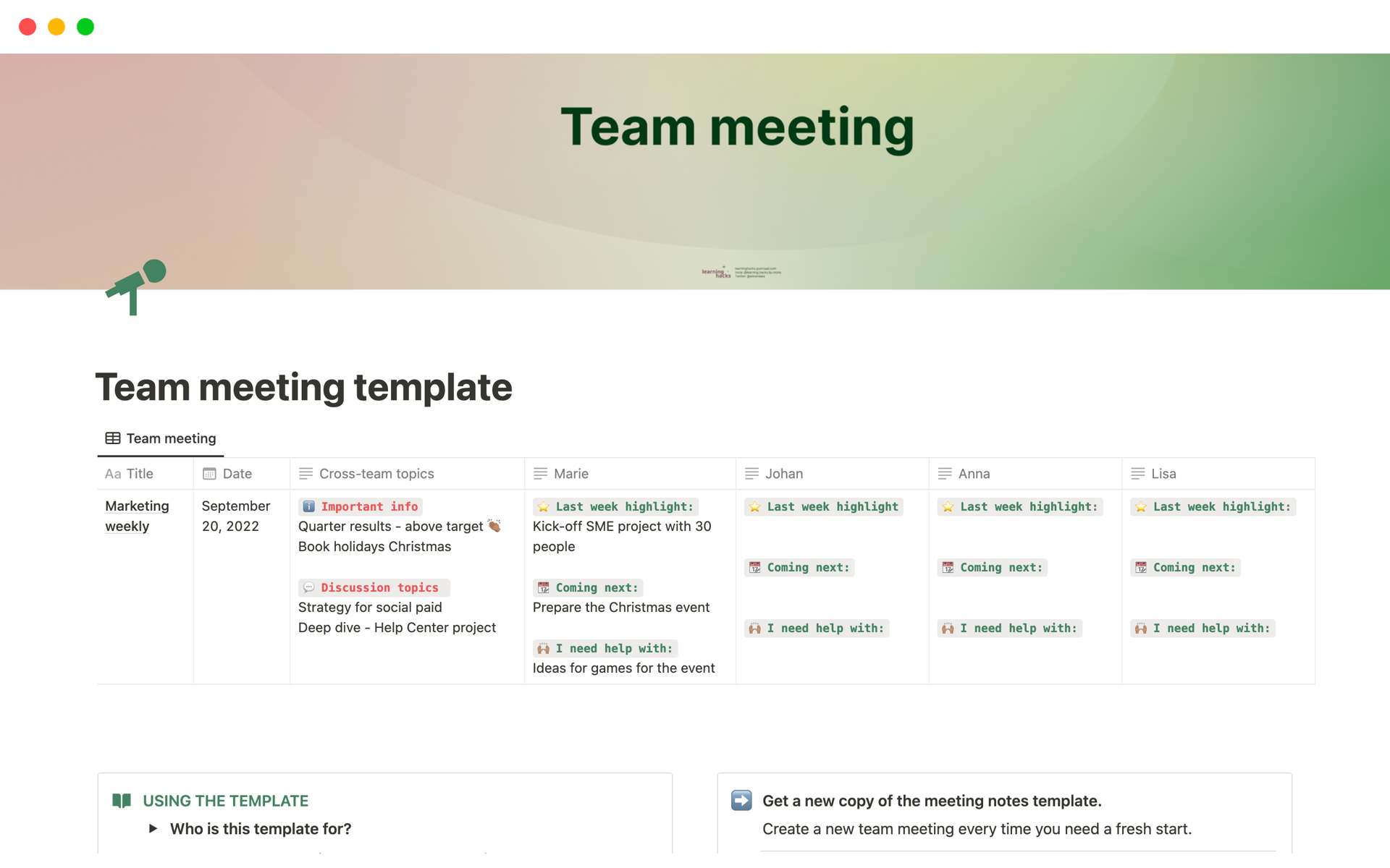 Team meeting template | Notion Template