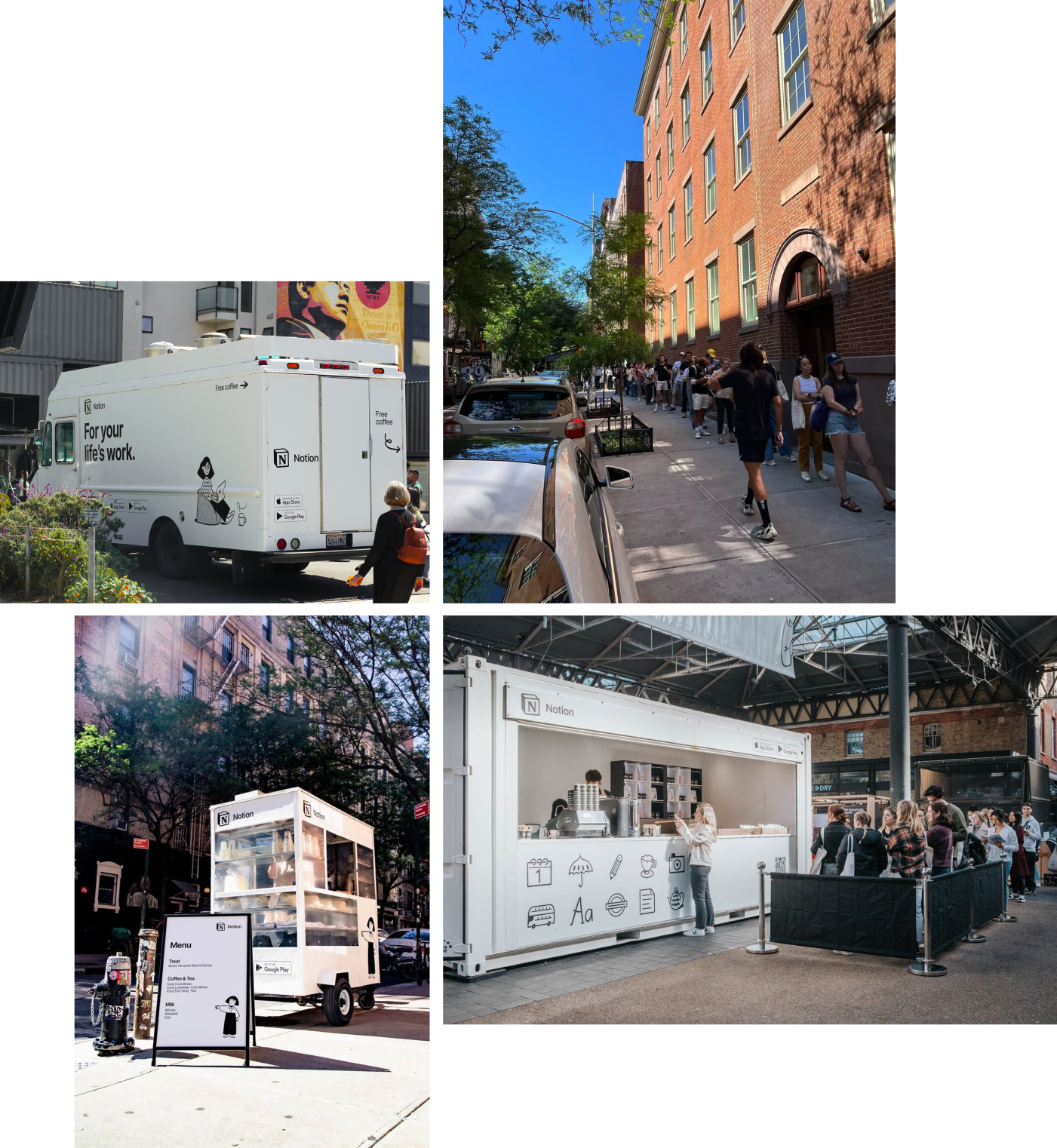 Clockwise from top left: Notion pop-up in San Francisco; lines at the pop-up in New York City; opening of Notion pop-up in London; mini coffee truck in New York City.