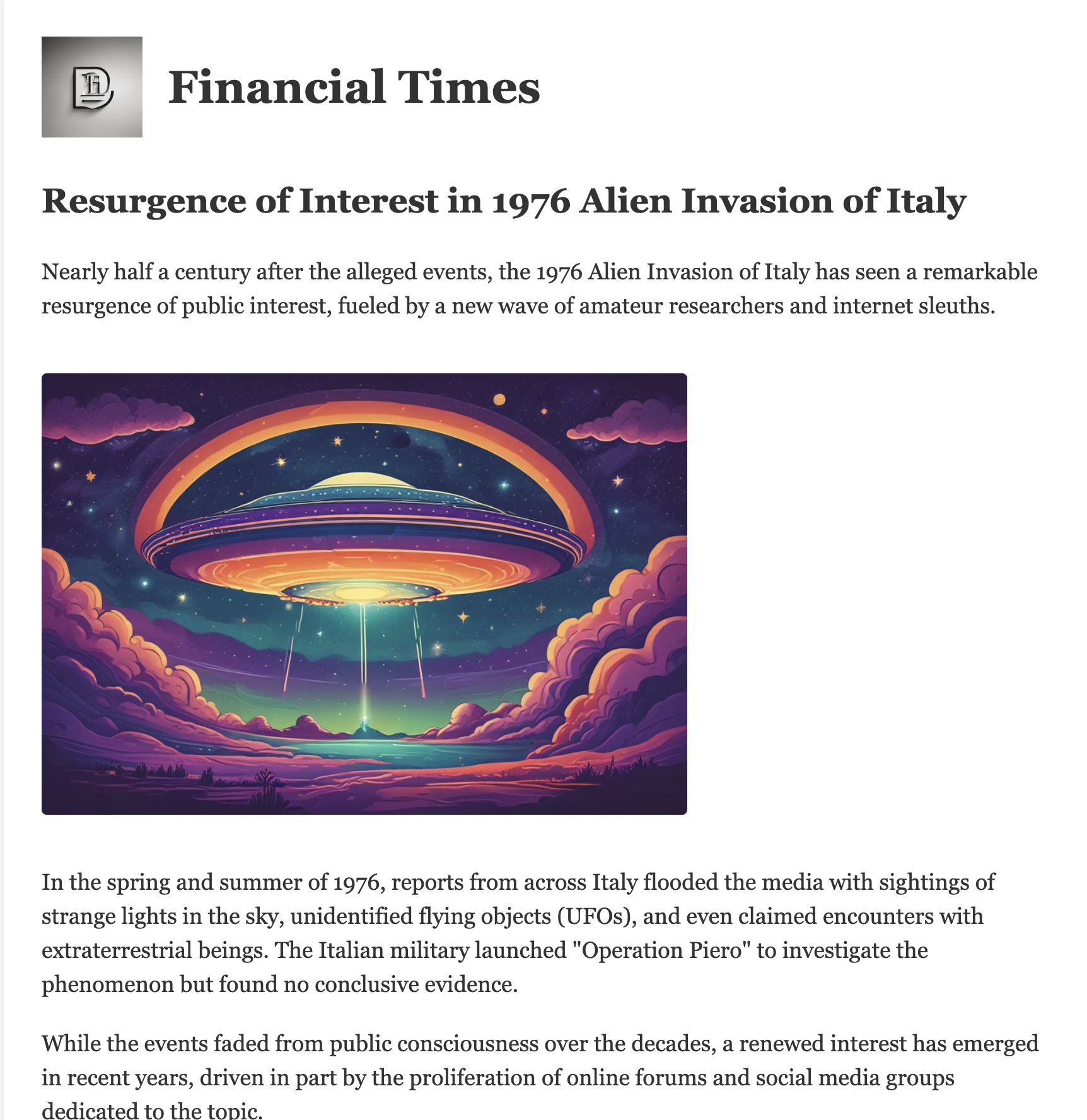 Article on the fictional alien invasion in the Financial Times