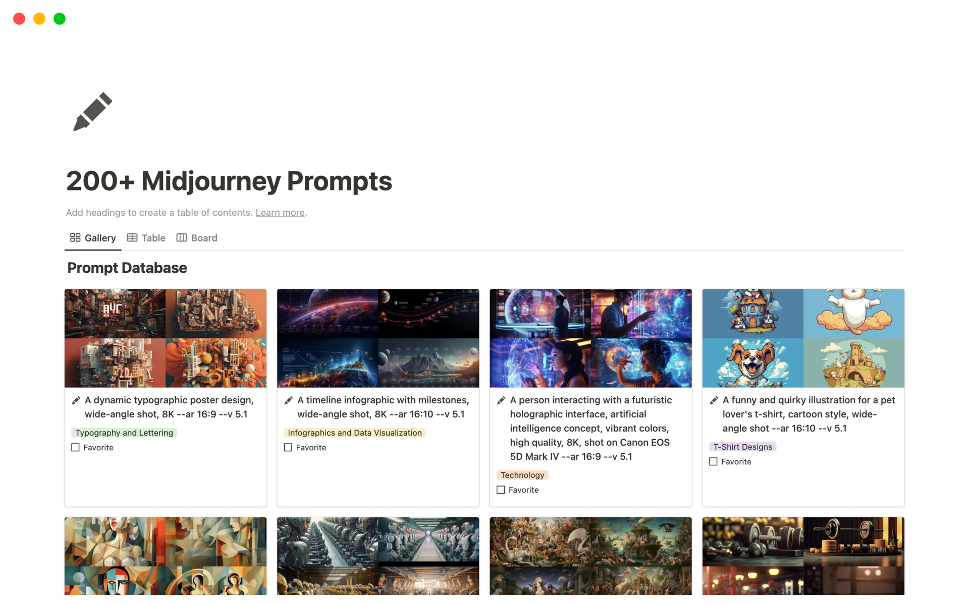 200+ Midjourney Prompts | Notion Template