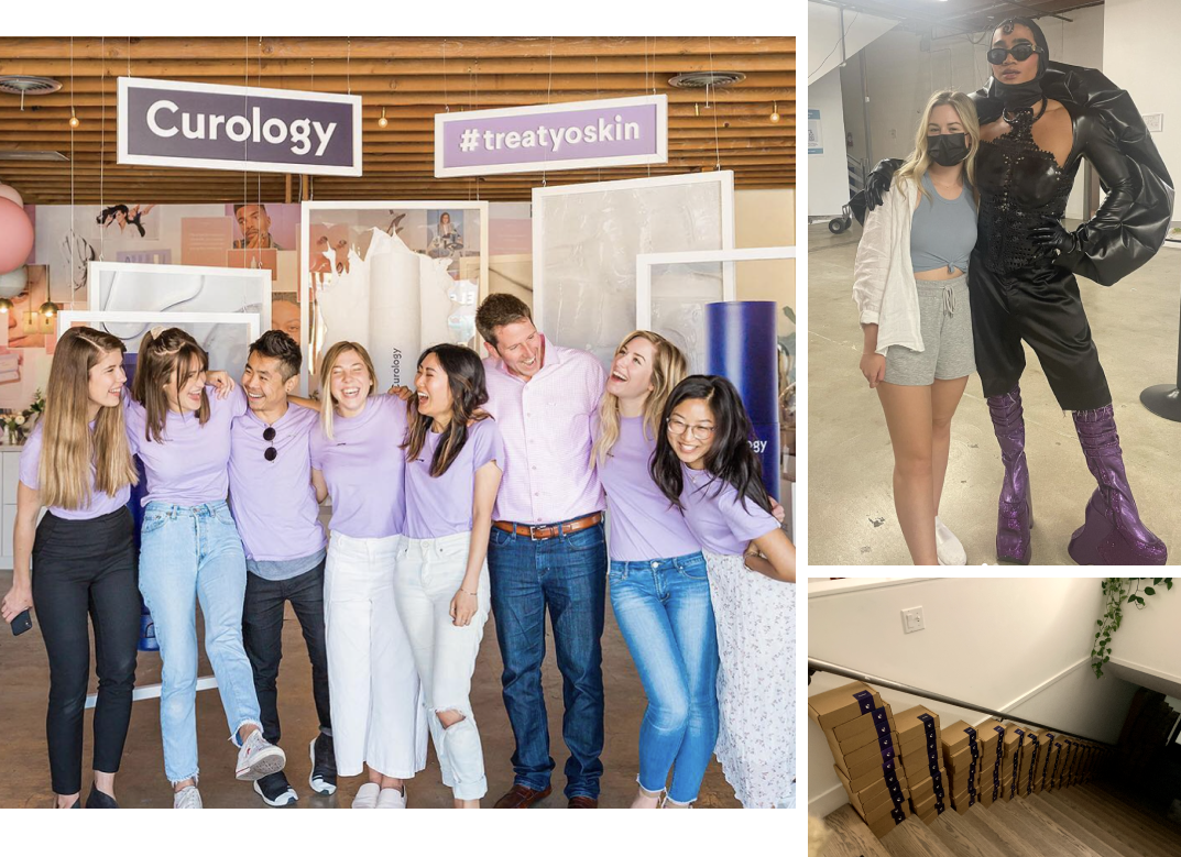 Clockwise from left: Lexie and the Curology team at their first-ever influencer event; Lexie with content start Bretman Rock; the early days of hand-packed influencer gift boxes at Curology.