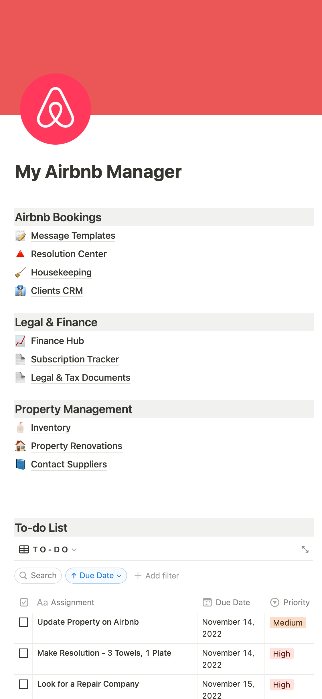 Notion Template Gallery – Basic Airbnb Management System