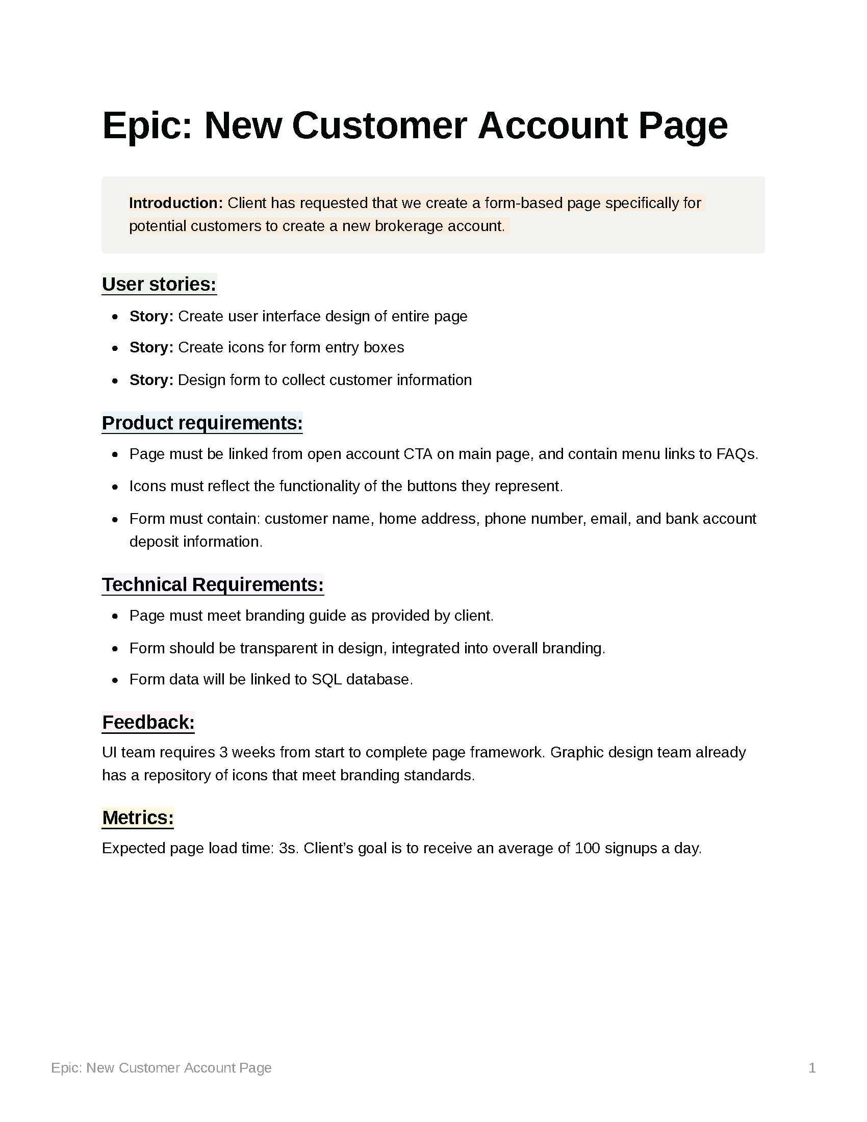 epic new customer account page