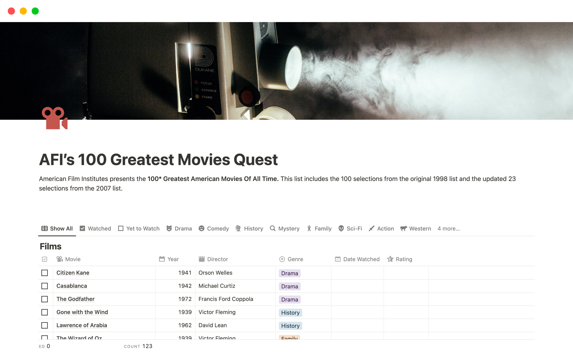 AFI's 100 Greatest Movies Quest Notion Template