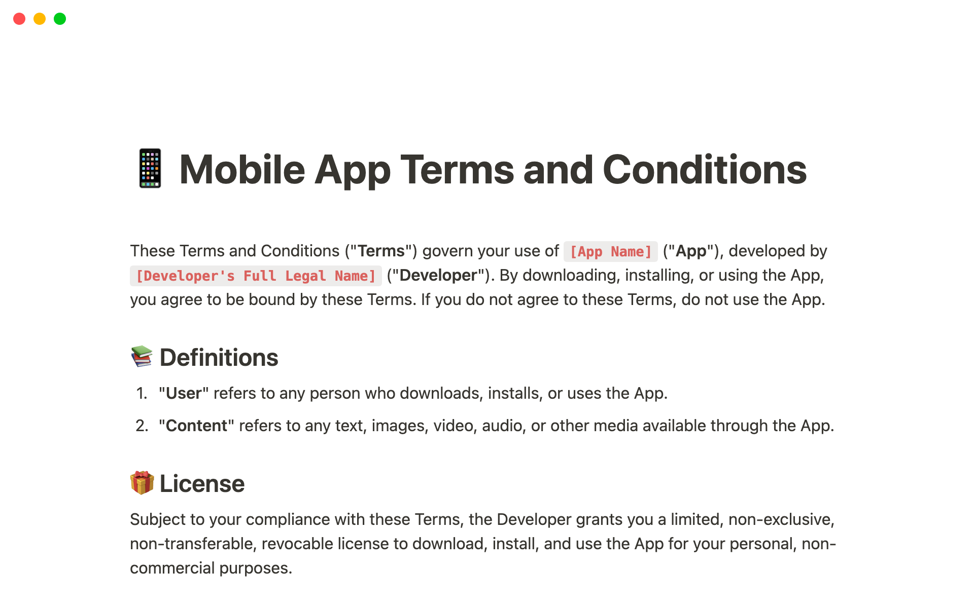 Mobile App Terms and Conditions Plantilla de Notion