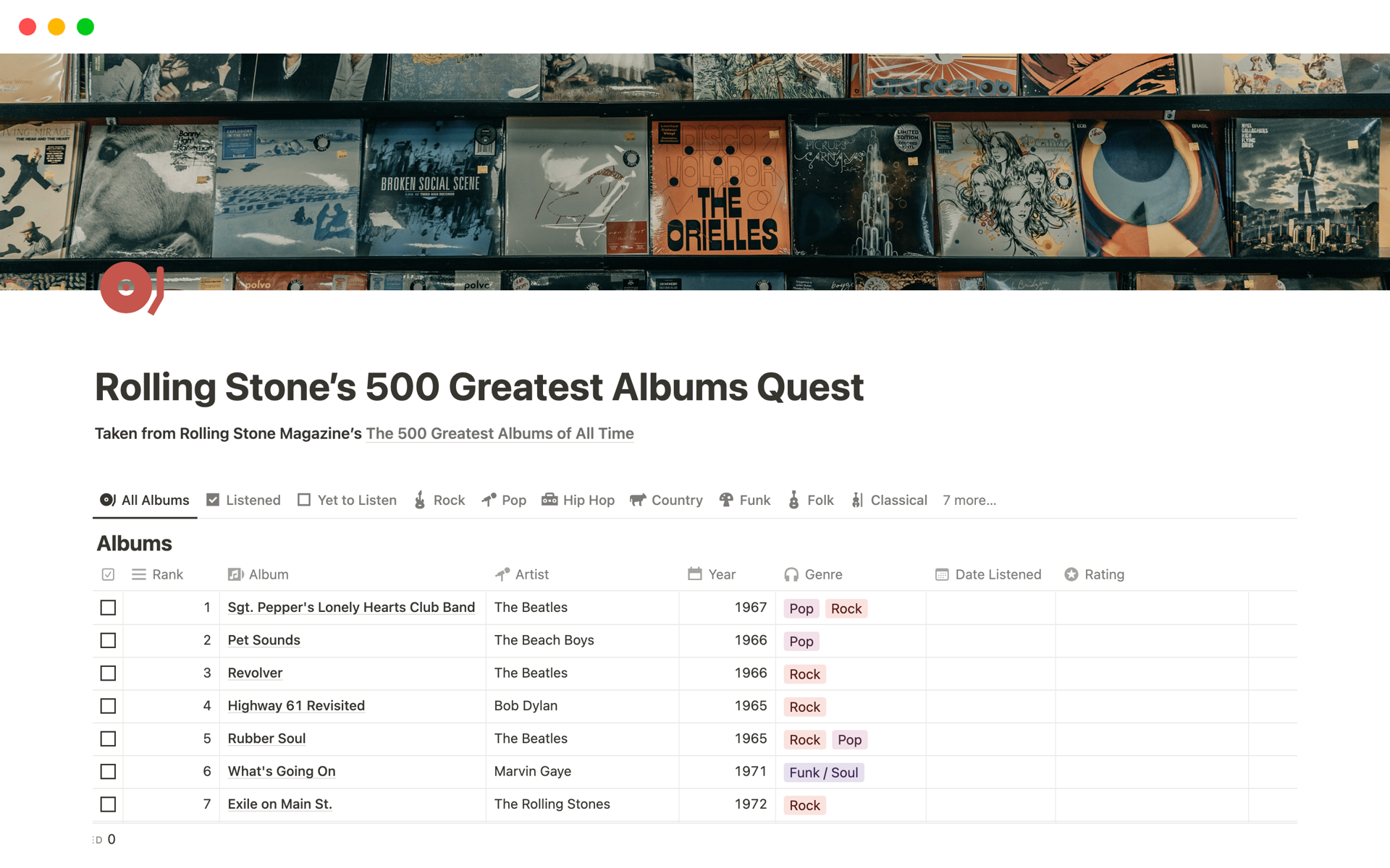 Rolling Stone's 500 Greatest Albums Quest | Notion Template