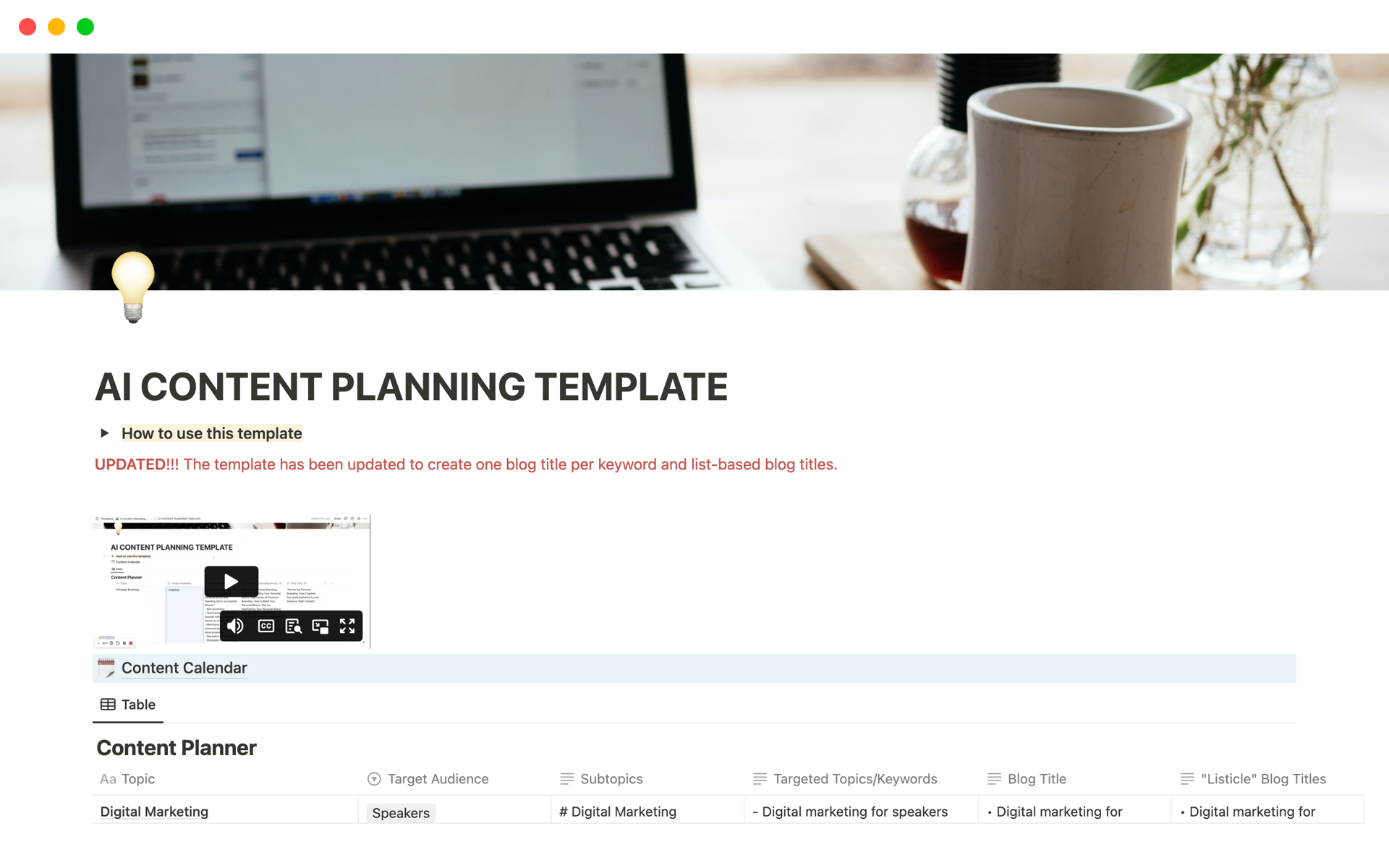 AI CONTENT PLANNING TEMPLATE Notion Template