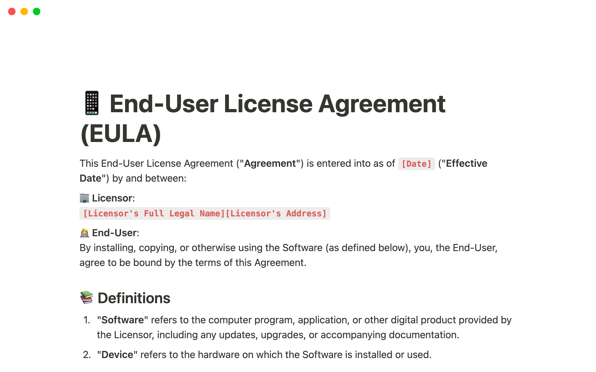 EndUser License Agreement (EULA) Plantilla de Notion