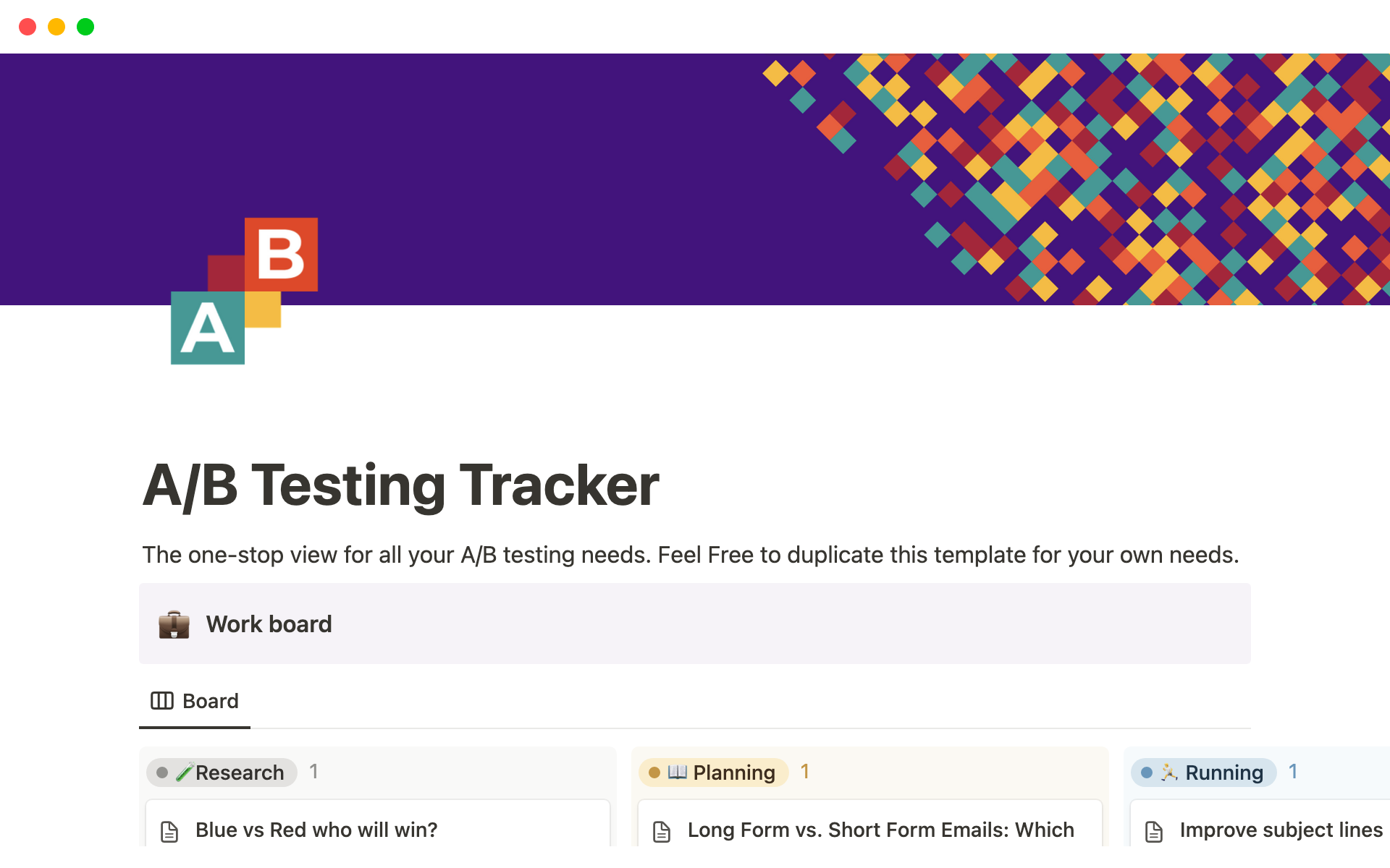 Notion Template Gallery – A/B Testing Tracker