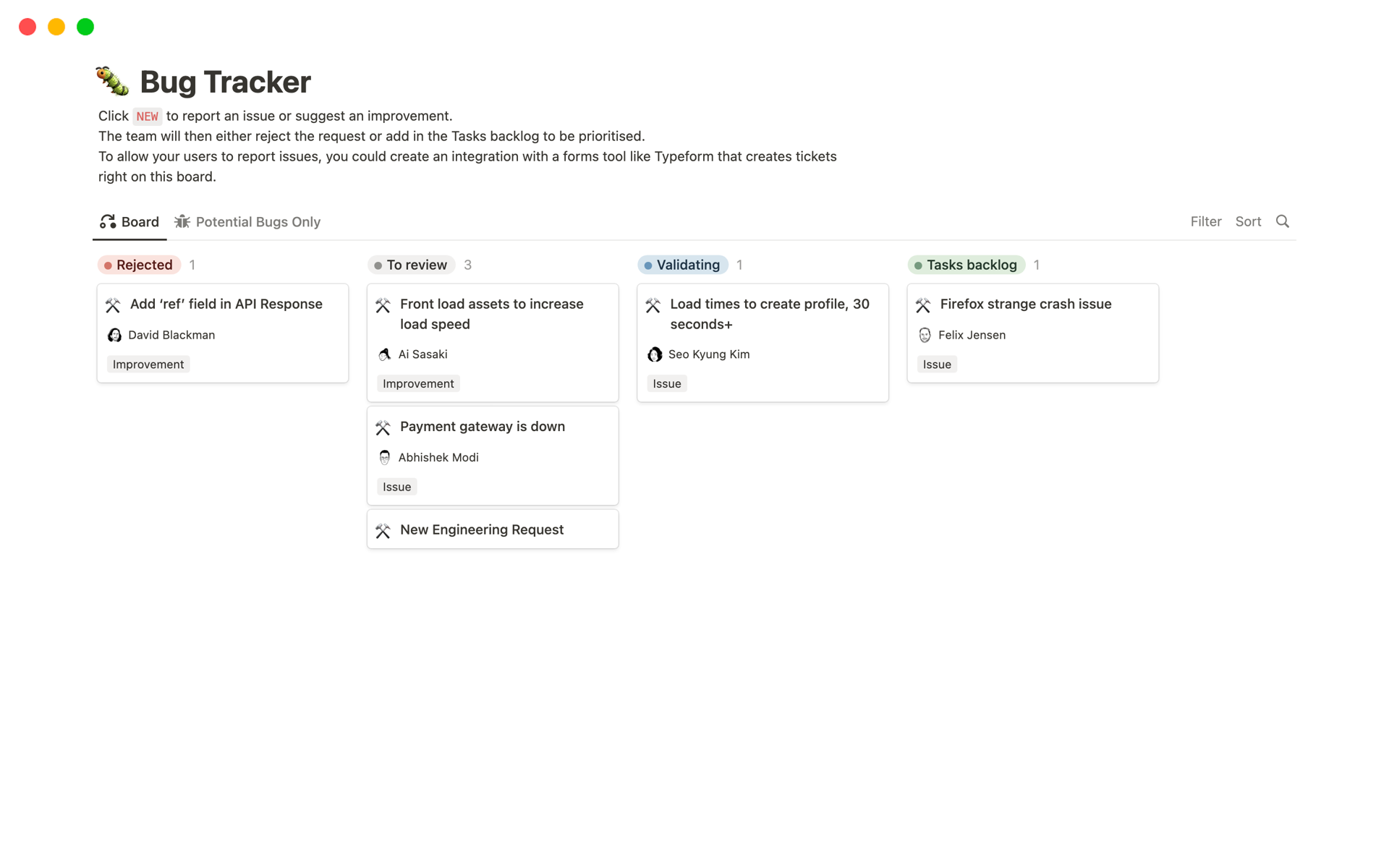 Screenshot of Best Bug Tracking Templates for Electrical Engineers collection by Notion