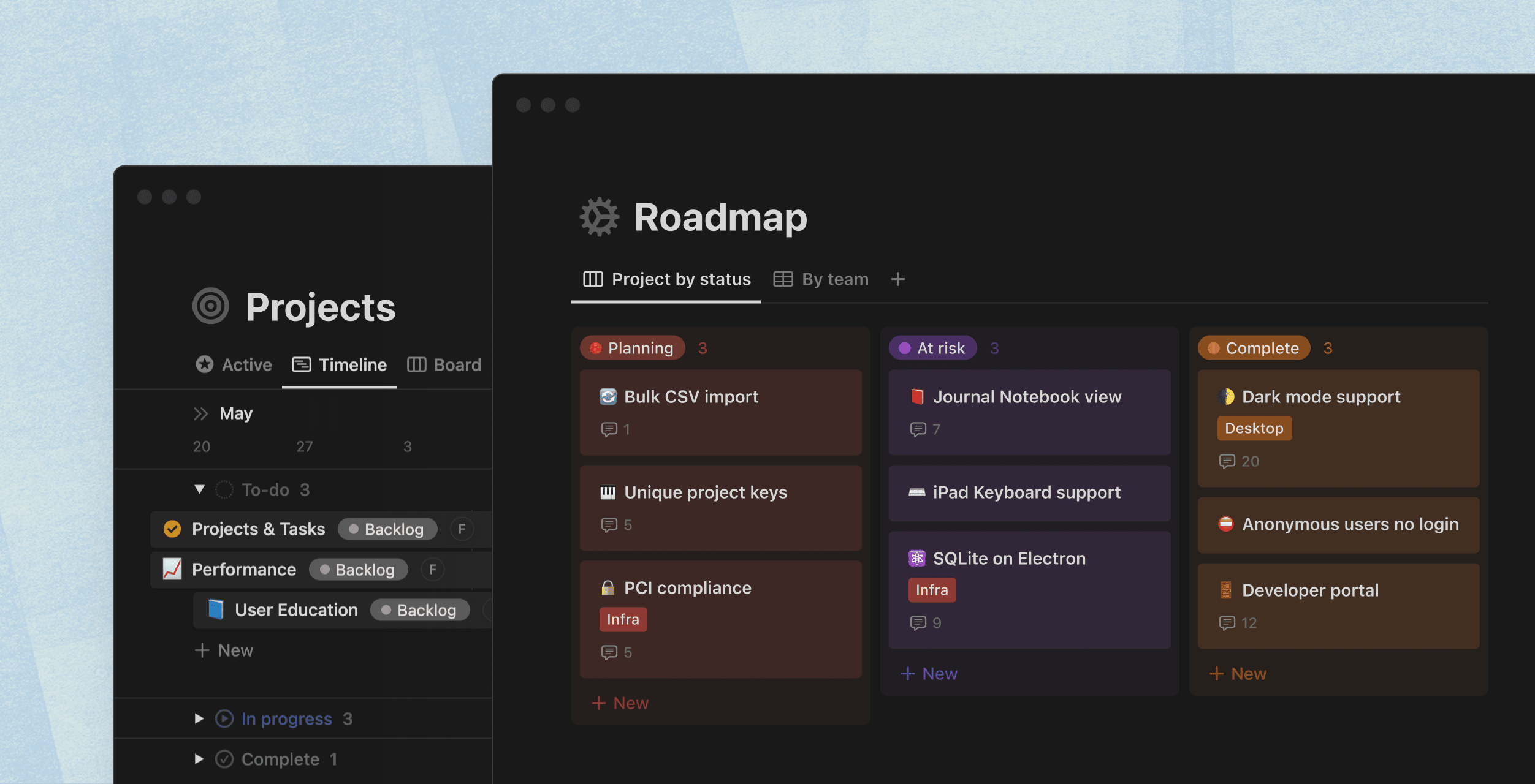 A screenshot of Notion's planning features including roadmap and projects