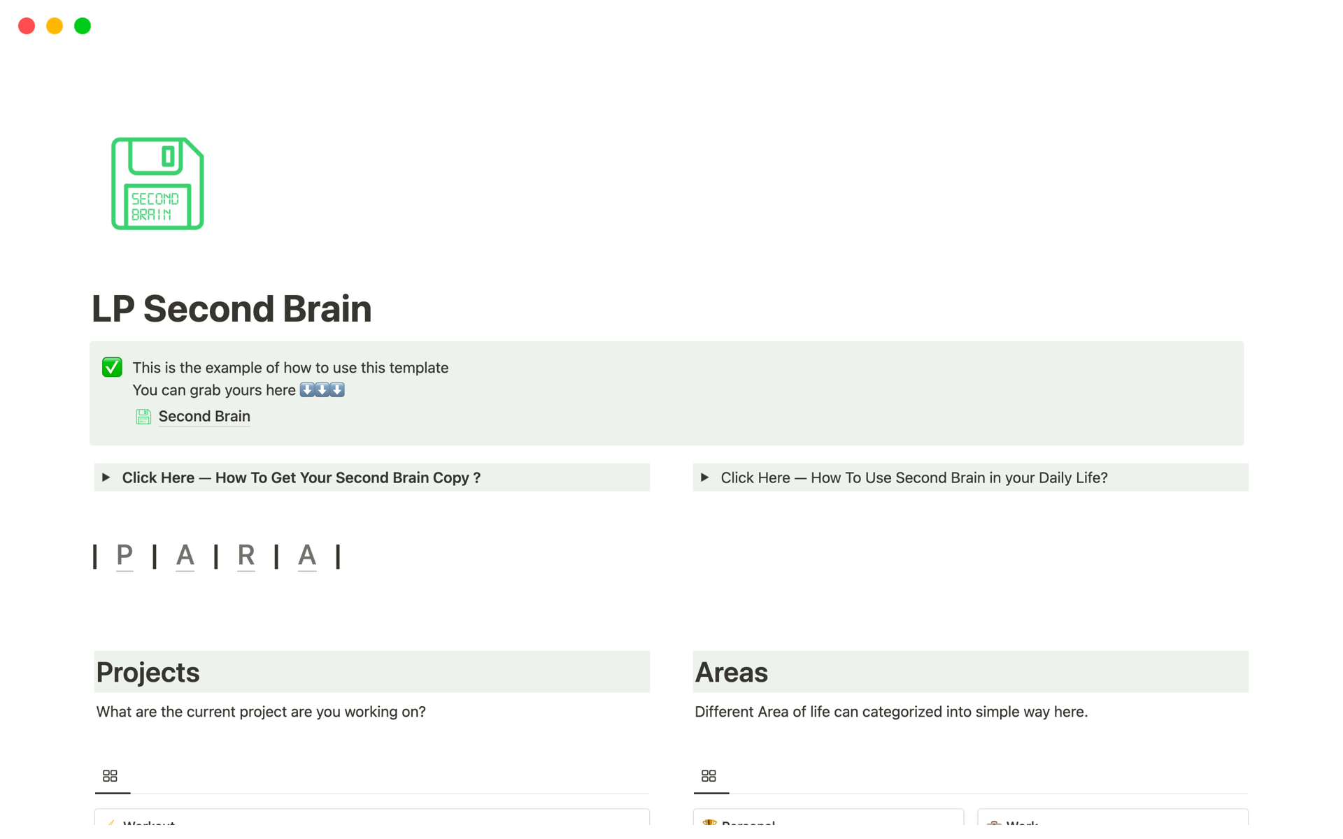 A template preview for Second Brain