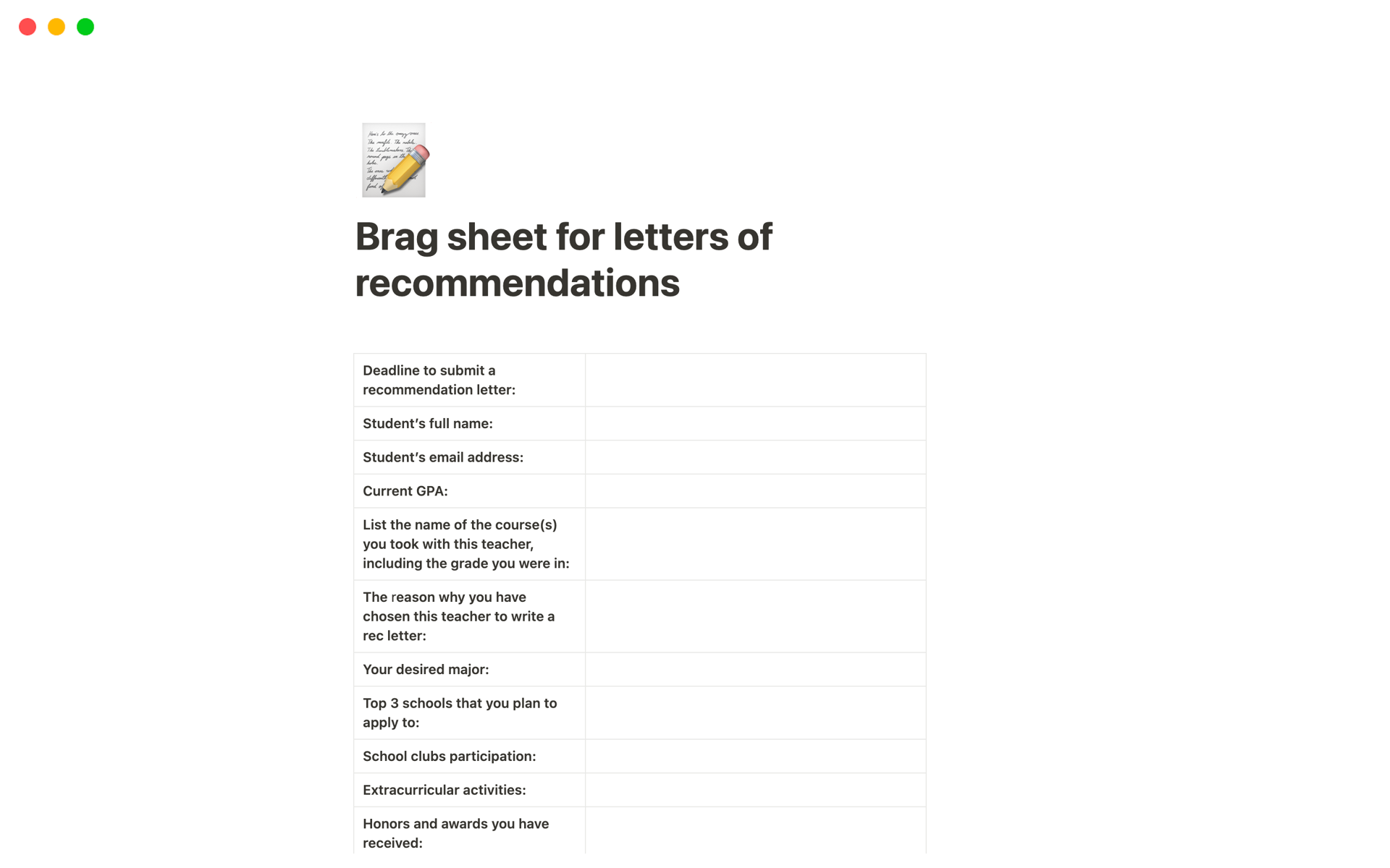 Brag sheet for letters of Notion Template