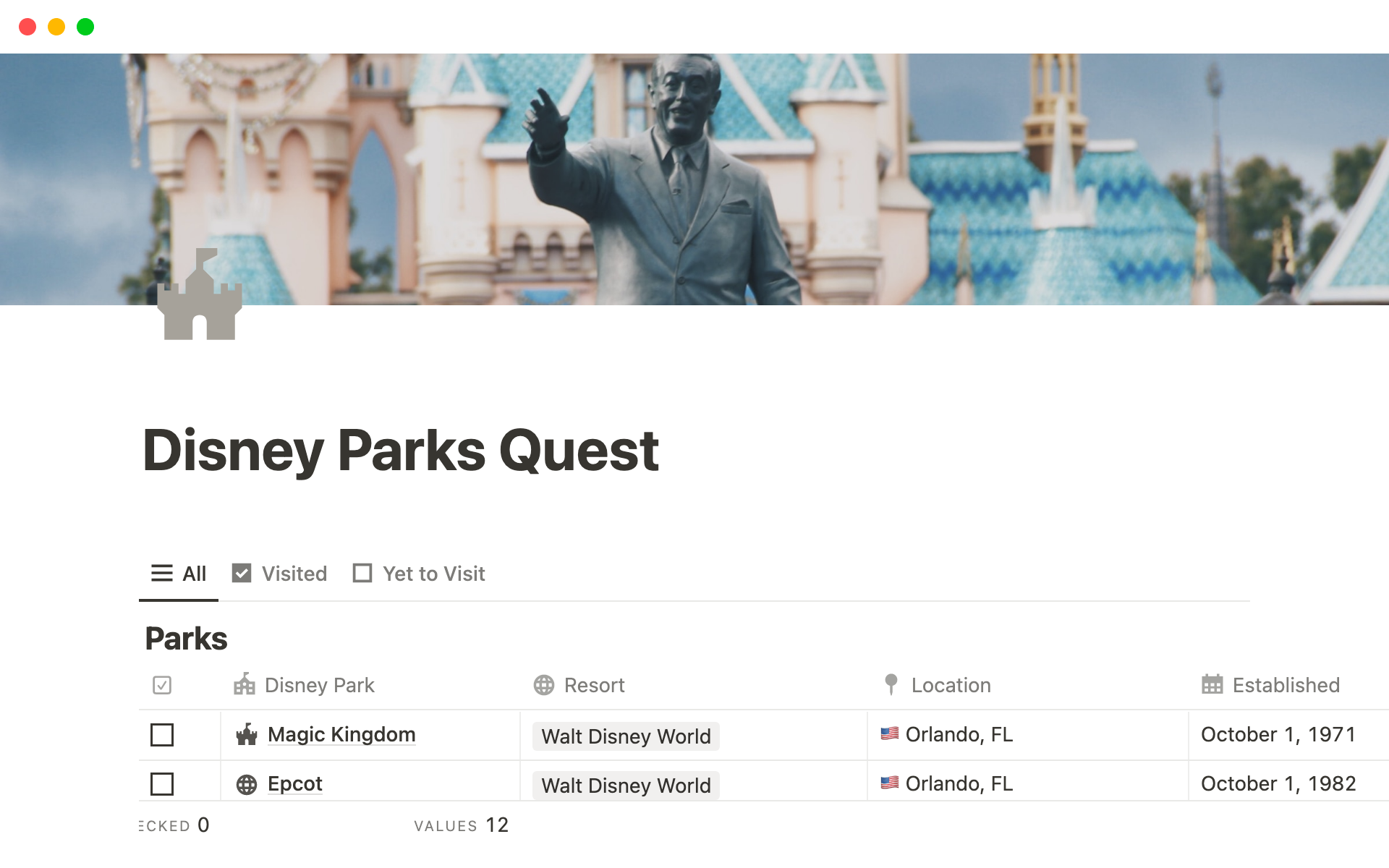 Disney Parks Quest | Notion-mal