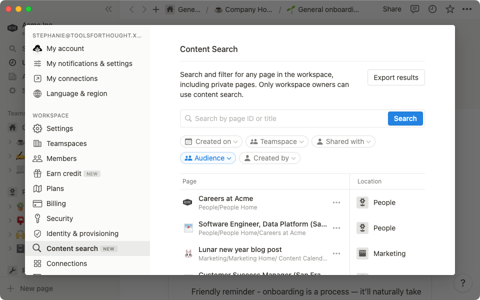 콘텐츠 검색을 사용하여 워크스페이스에서 페이지를 찾을 수 있습니다.