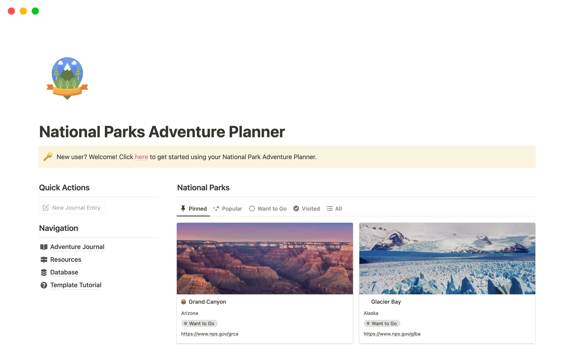 En forhåndsvisning av mal for National Parks Adventure Planner