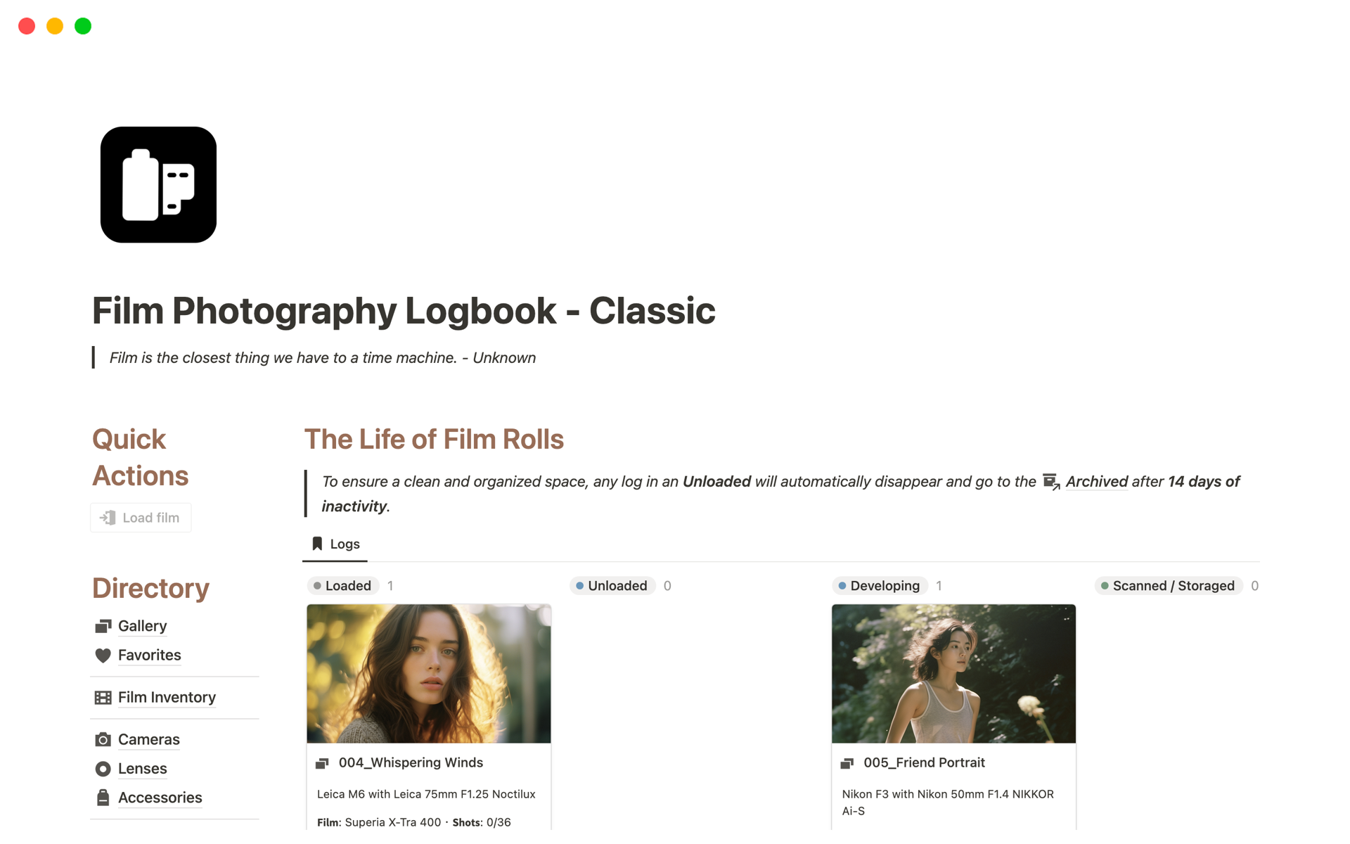 En förhandsgranskning av mallen för Film Photography Logbook - Classic