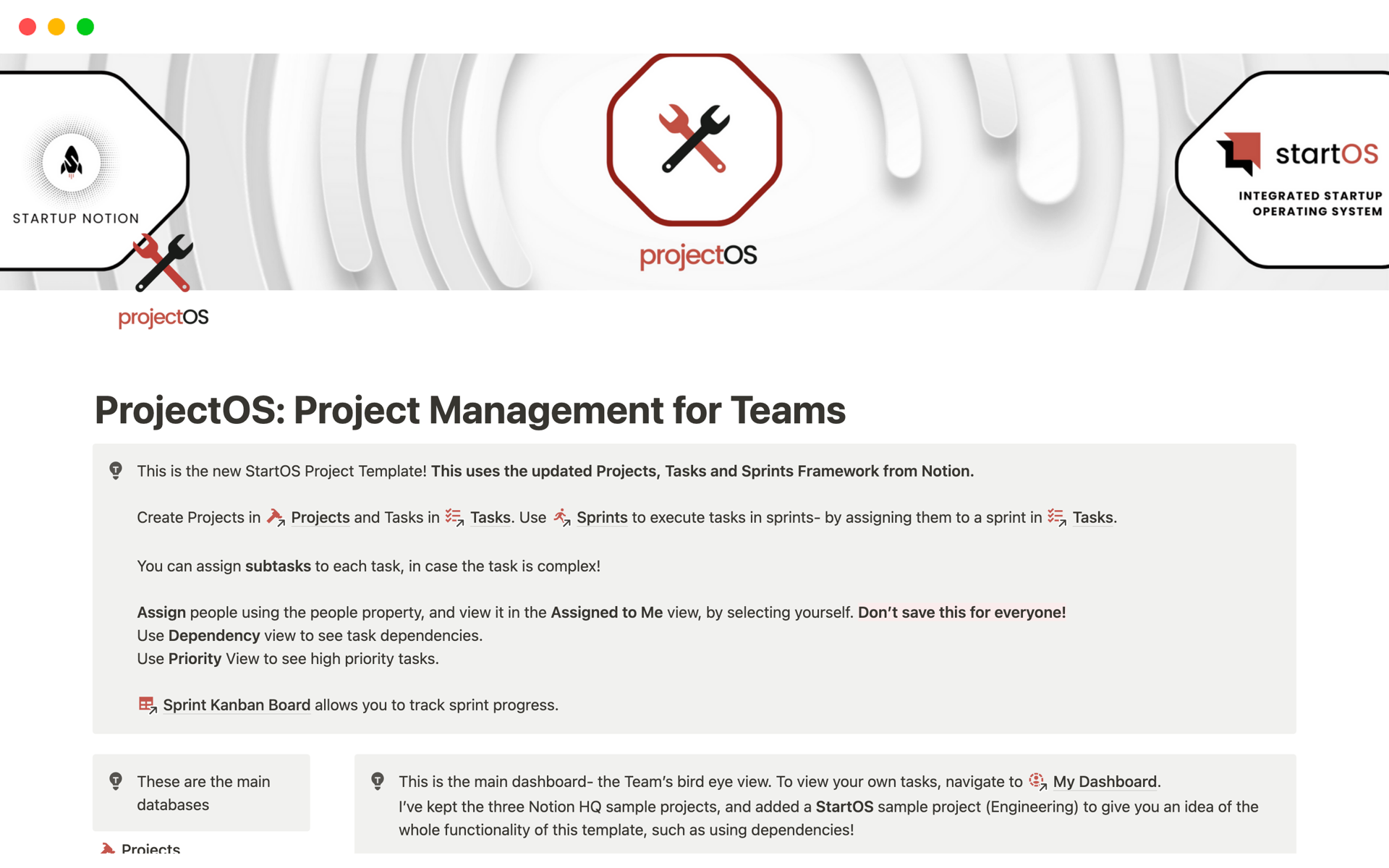 En forhåndsvisning av mal for ProjectOS: Project Management for Teams