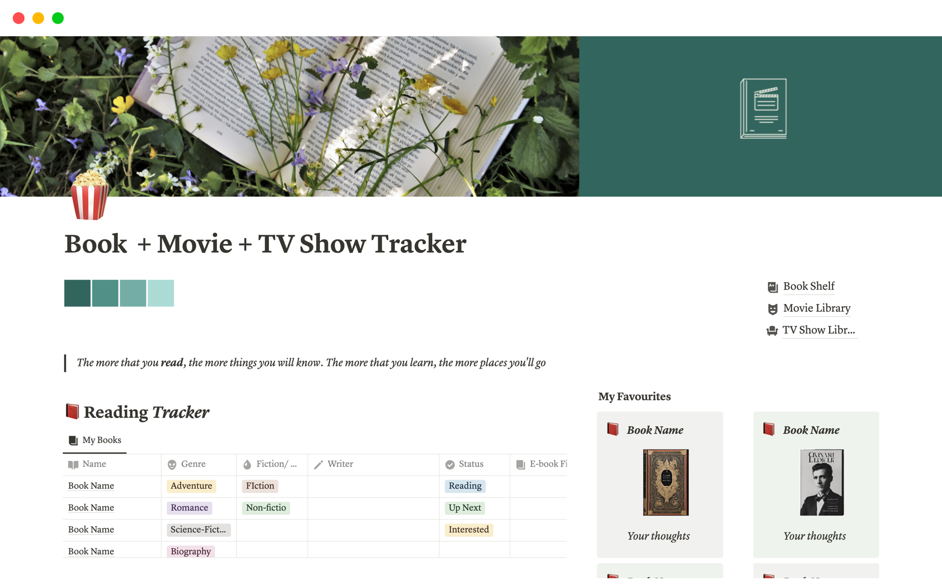 Vista previa de una plantilla para Book, Movie, TV Show Tracker