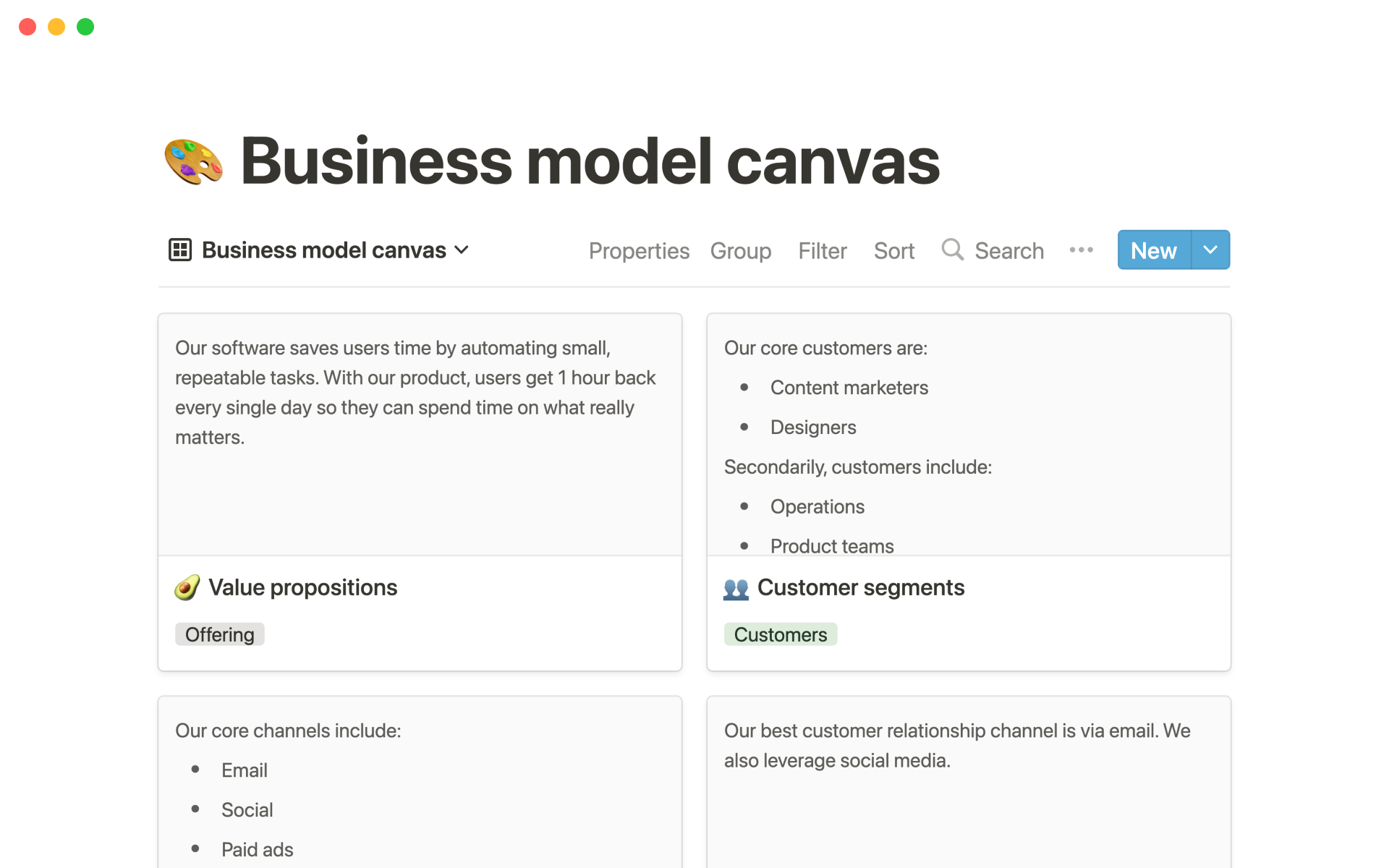 A template preview for Business model canvas