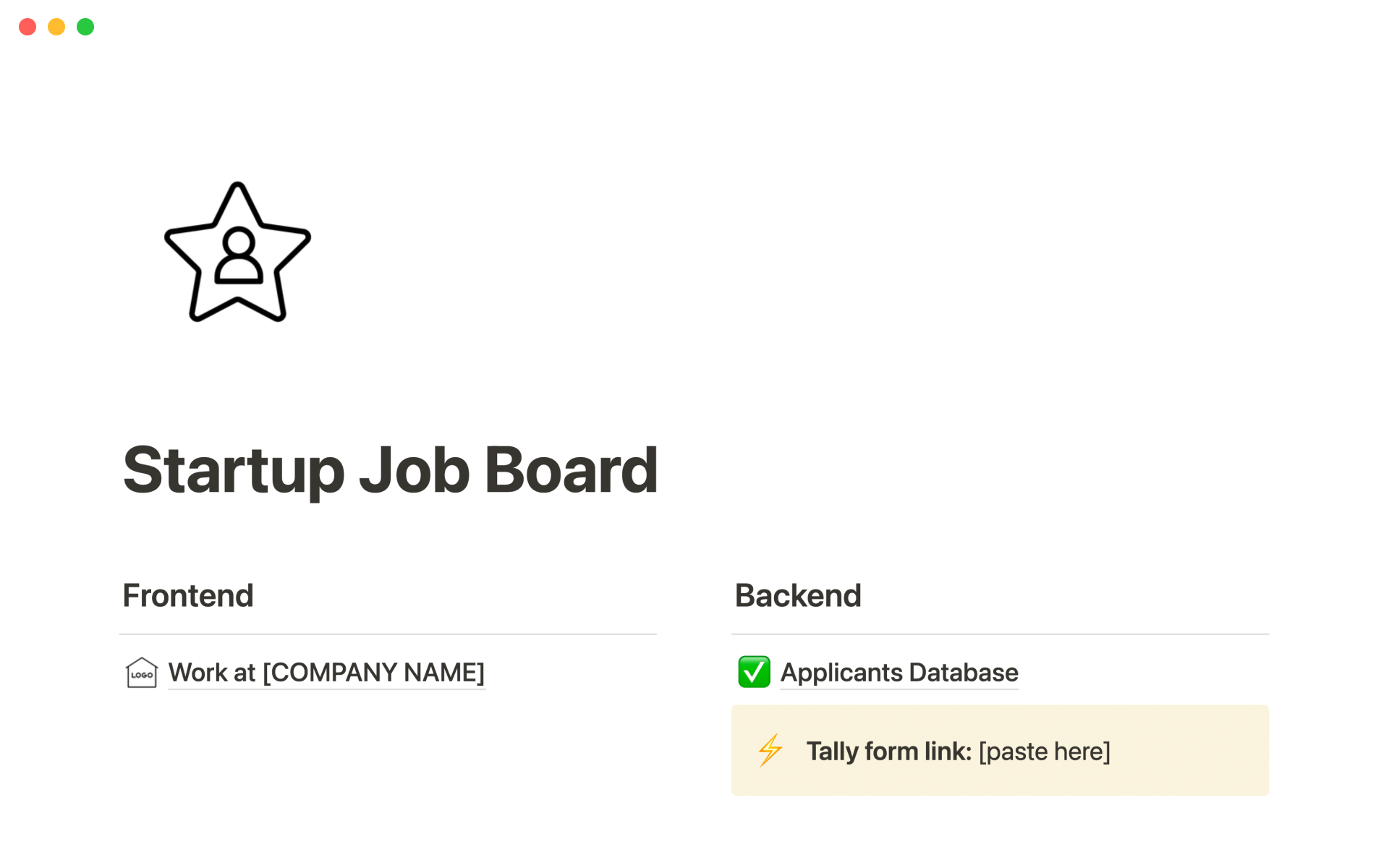 A template preview for Startup job board