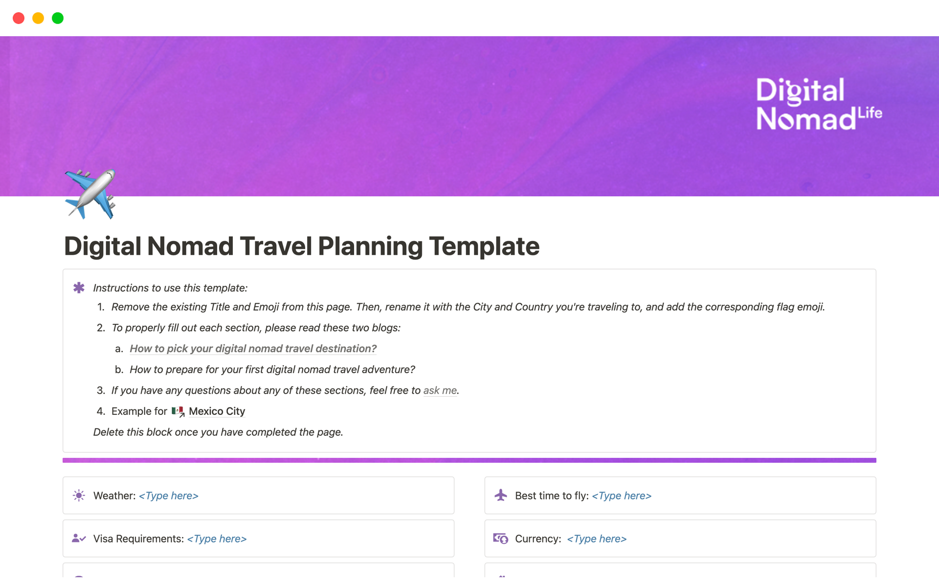 Digital Nomad Travel Destination Research | Notion Template 