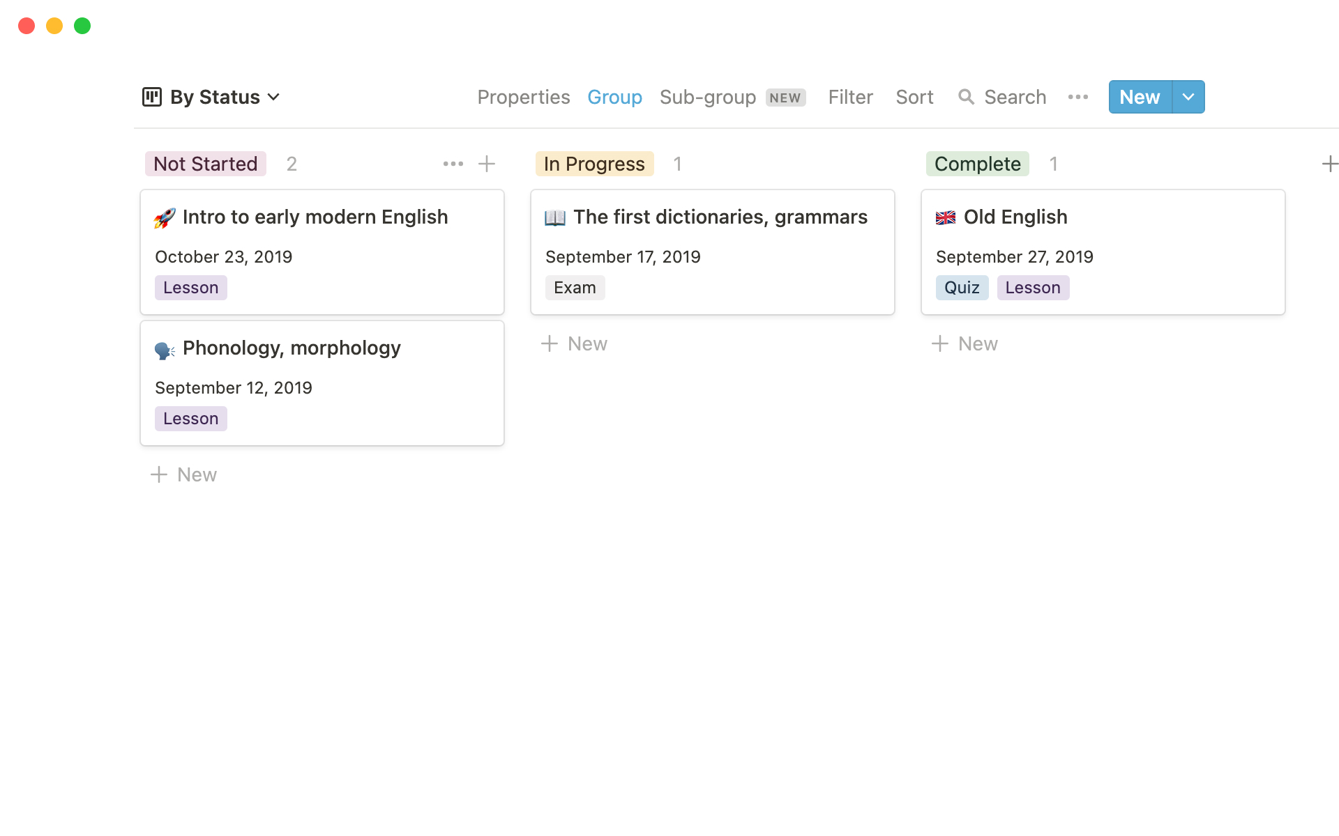 Keep all lesson plans in one database to add relevant notes, track their status and make progress.